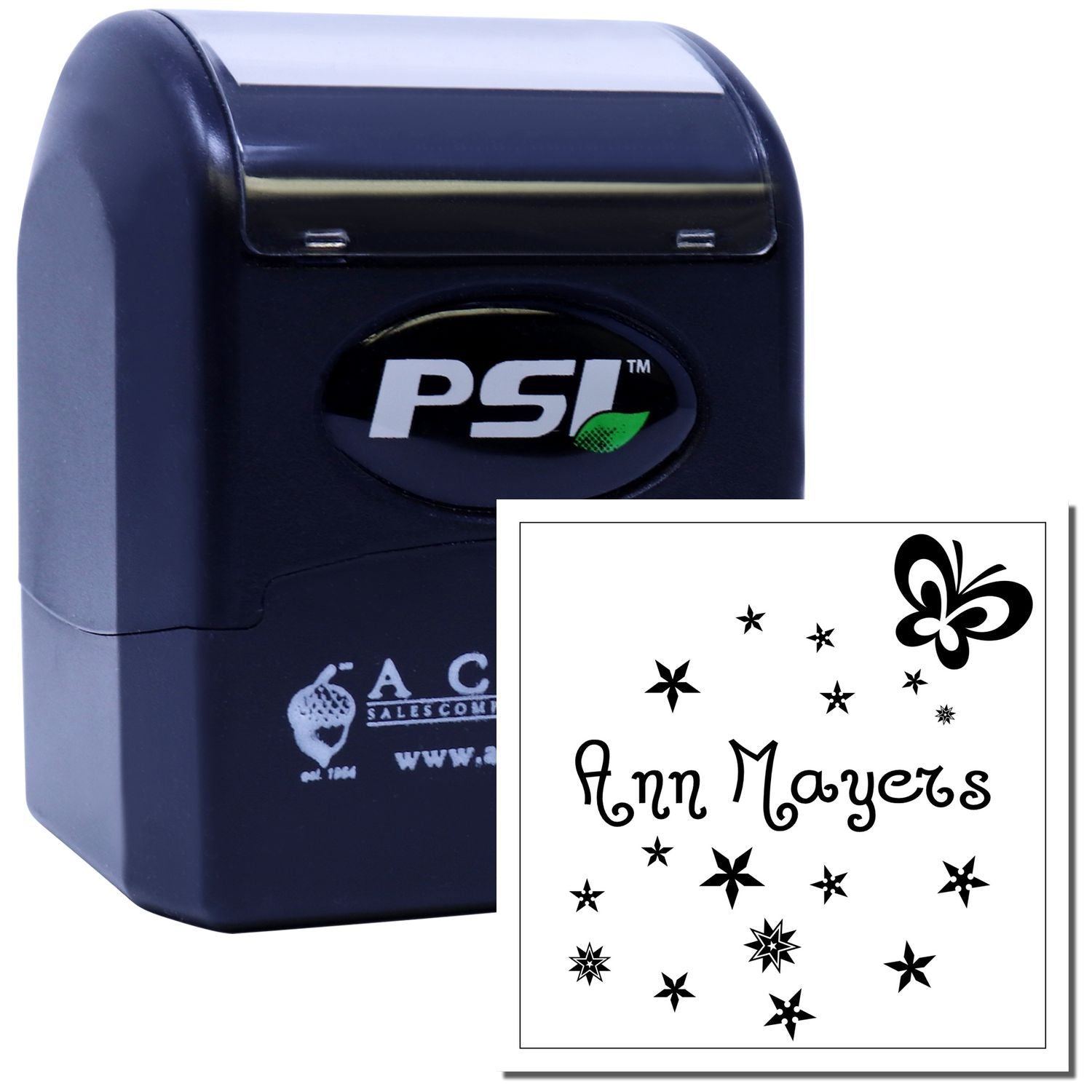 Custom self-inking PSI rubber stamp for Ann Mayers with decorative stars and butterfly design