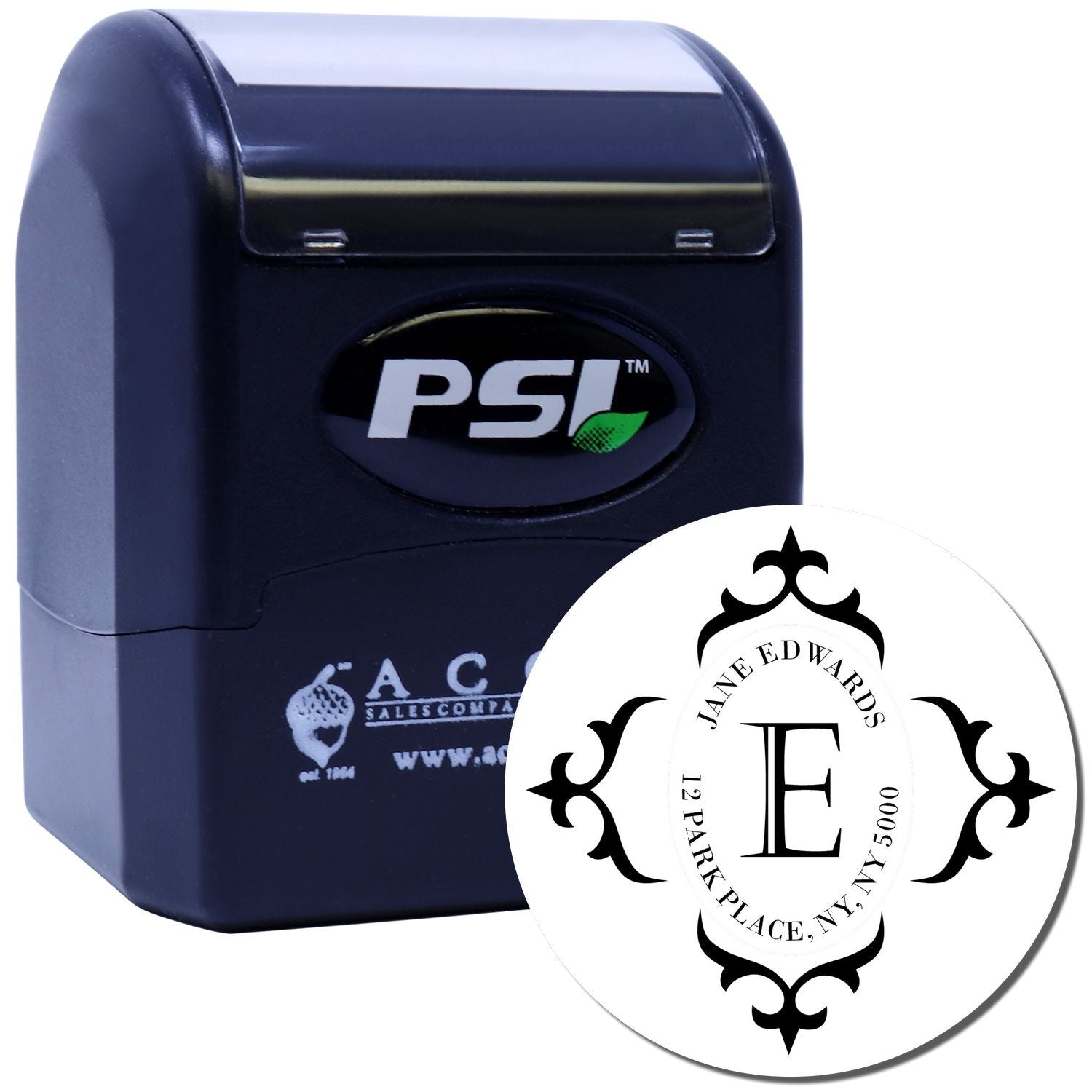 Custom self-inking rubber address stamp with monogram design and personalized return address imprint.