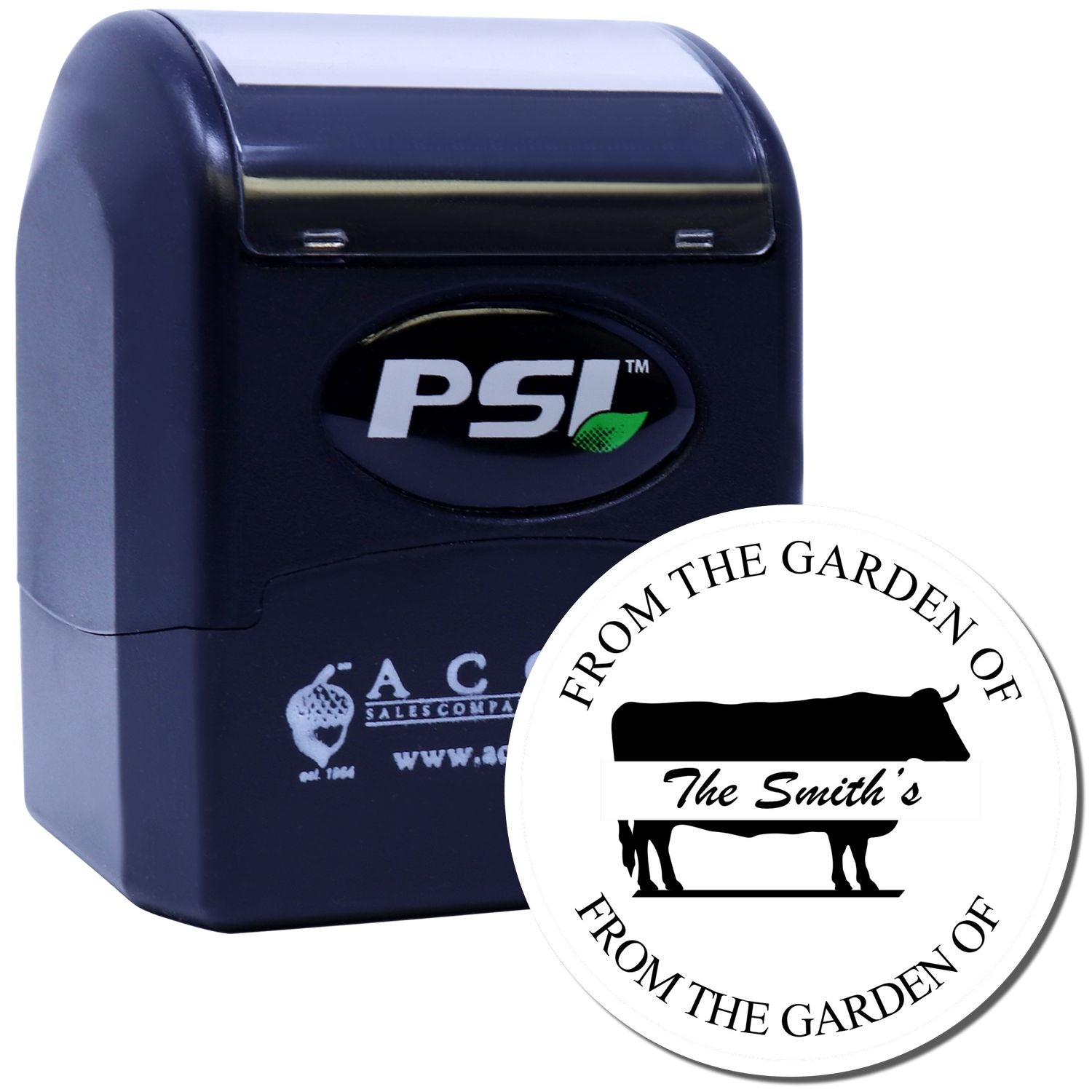 Custom self-inking rubber stamp for cattle farm branding with From the Garden of The Smiths cow logo