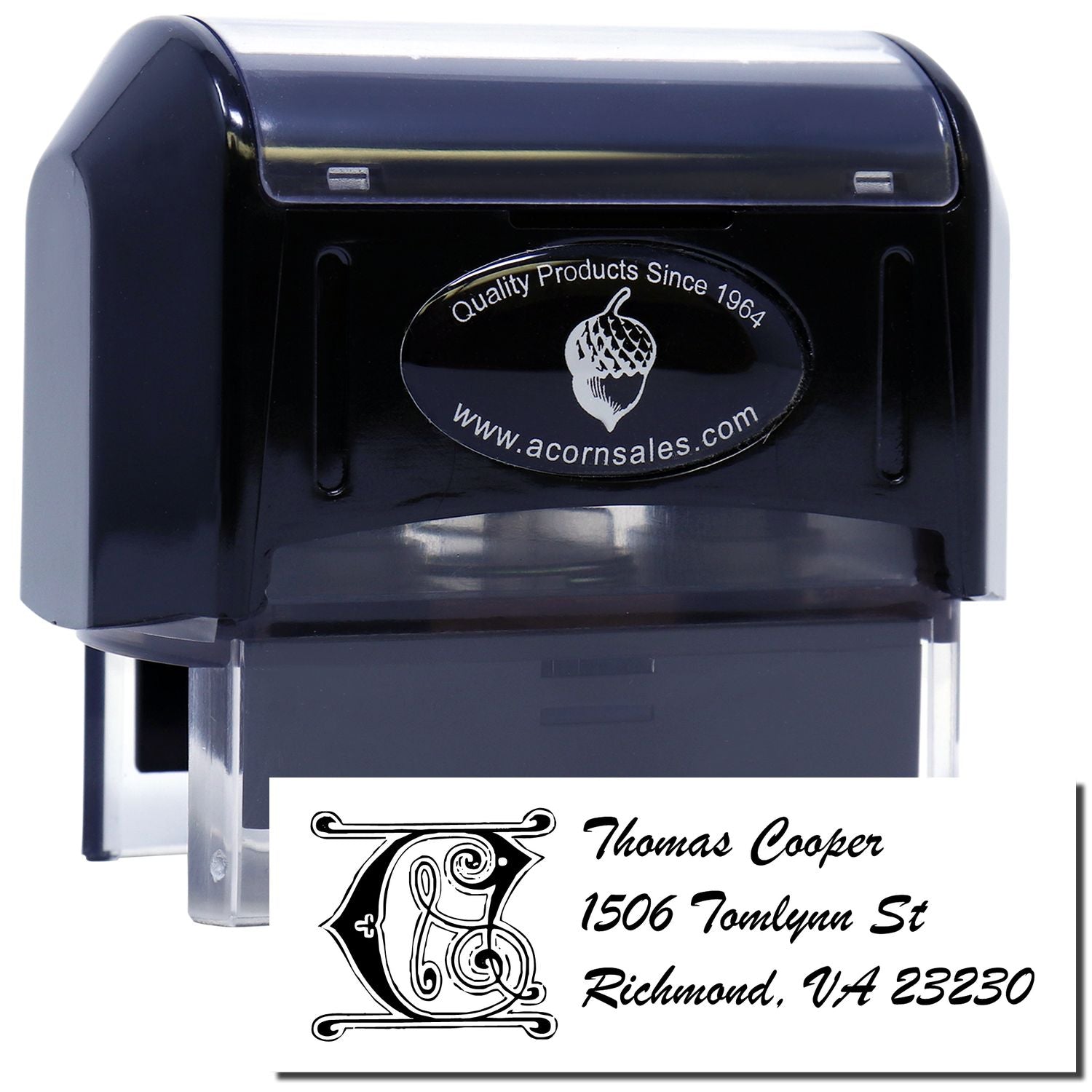 Custom self-inking rubber stamp with business logo and address imprint for Thomas Cooper, Richmond, VA 23230.
