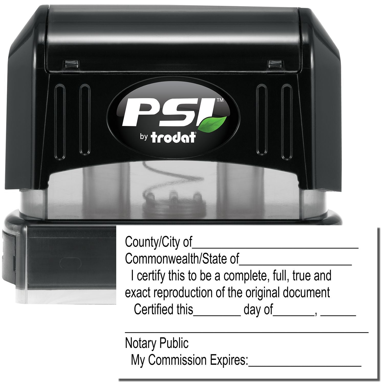 PSI by Trodat self-inking notary public stamp with acknowledgment certificate wording for document certification.