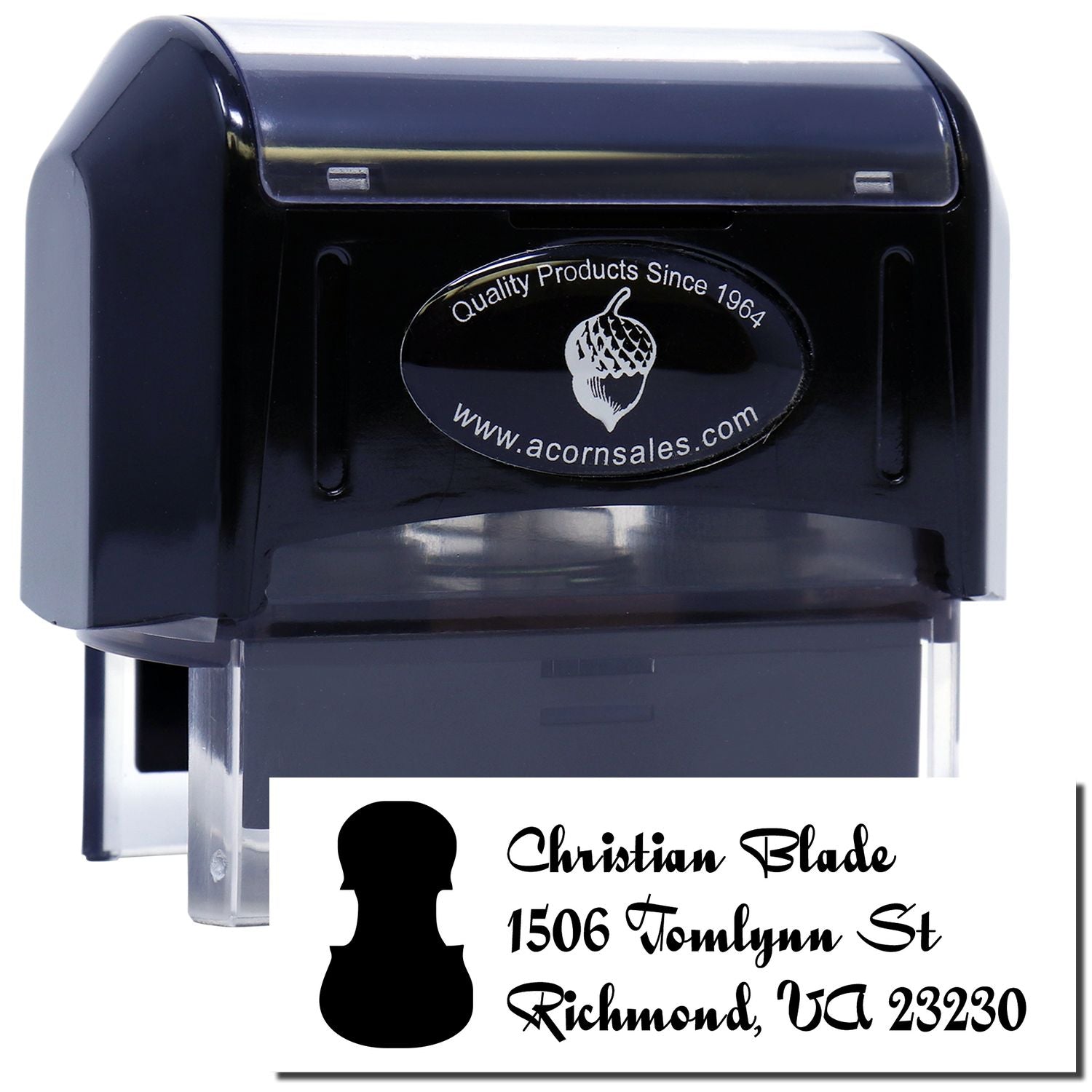 Custom self-inking rubber address stamp with logo, ideal for business branding and return address imprinting.
