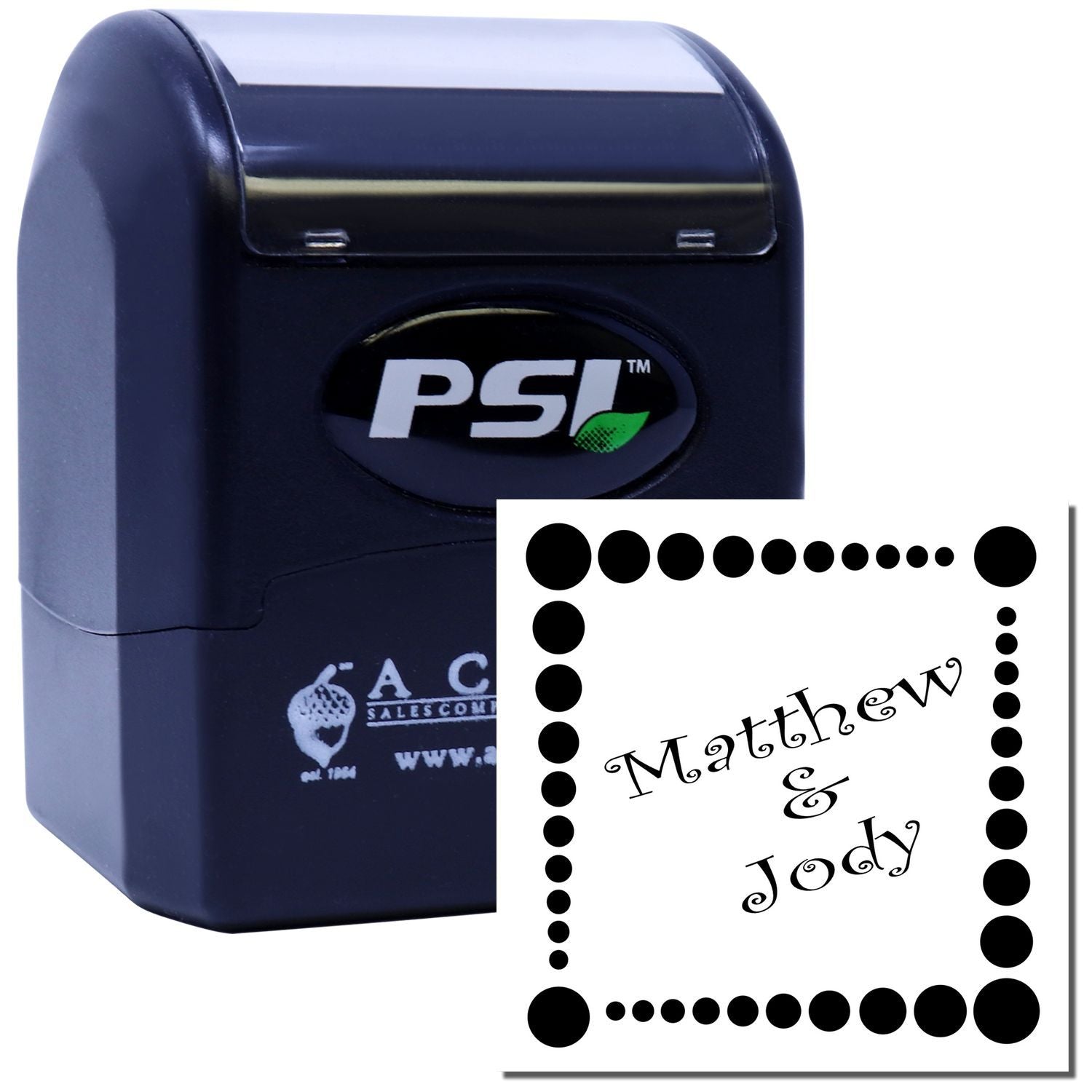 Custom self-inking rubber stamp with PSI case and personalized Matthew & Jody dotted-border imprint.