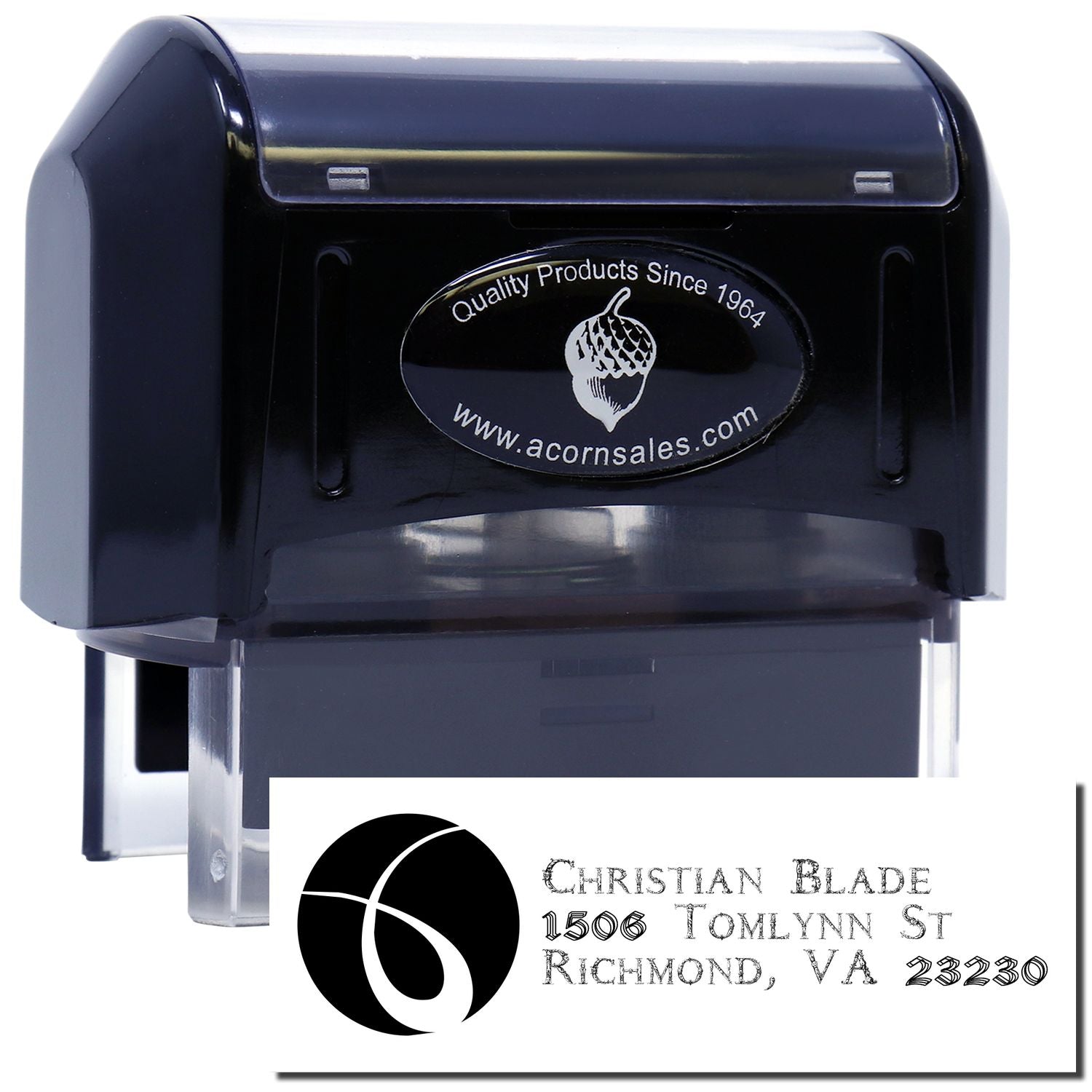 Custom self-inking rubber stamp with business logo and return address for personalized mailing and branding.