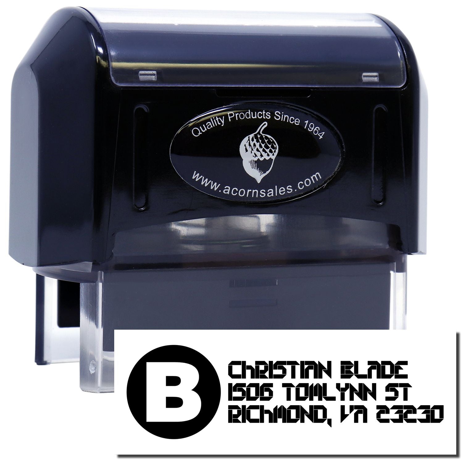 Custom self-inking rubber stamp with business logo and address imprint for Christian Blade, Richmond, VA.