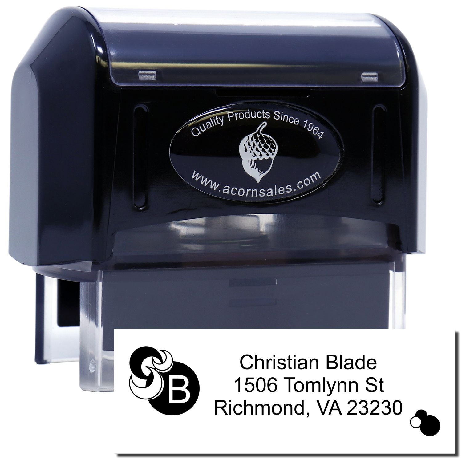 Custom self-inking rubber address stamp with business logo and mailing imprint for office branding and correspondence.