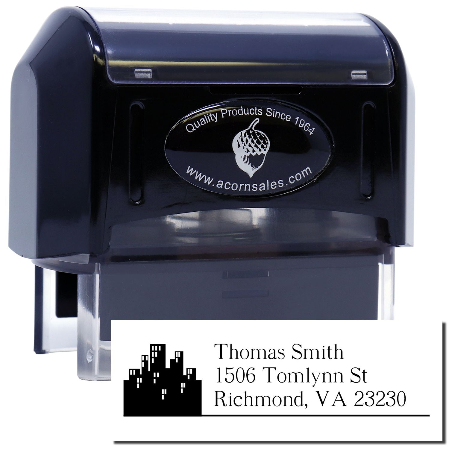 Custom self-inking rubber stamp with return address design for business envelopes and mailing labels.
