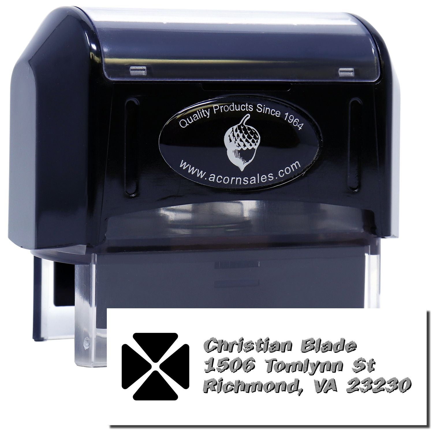 Custom self-inking rubber address stamp showing Christian Blade, 1506 Tomlynn St, Richmond, VA 23230.