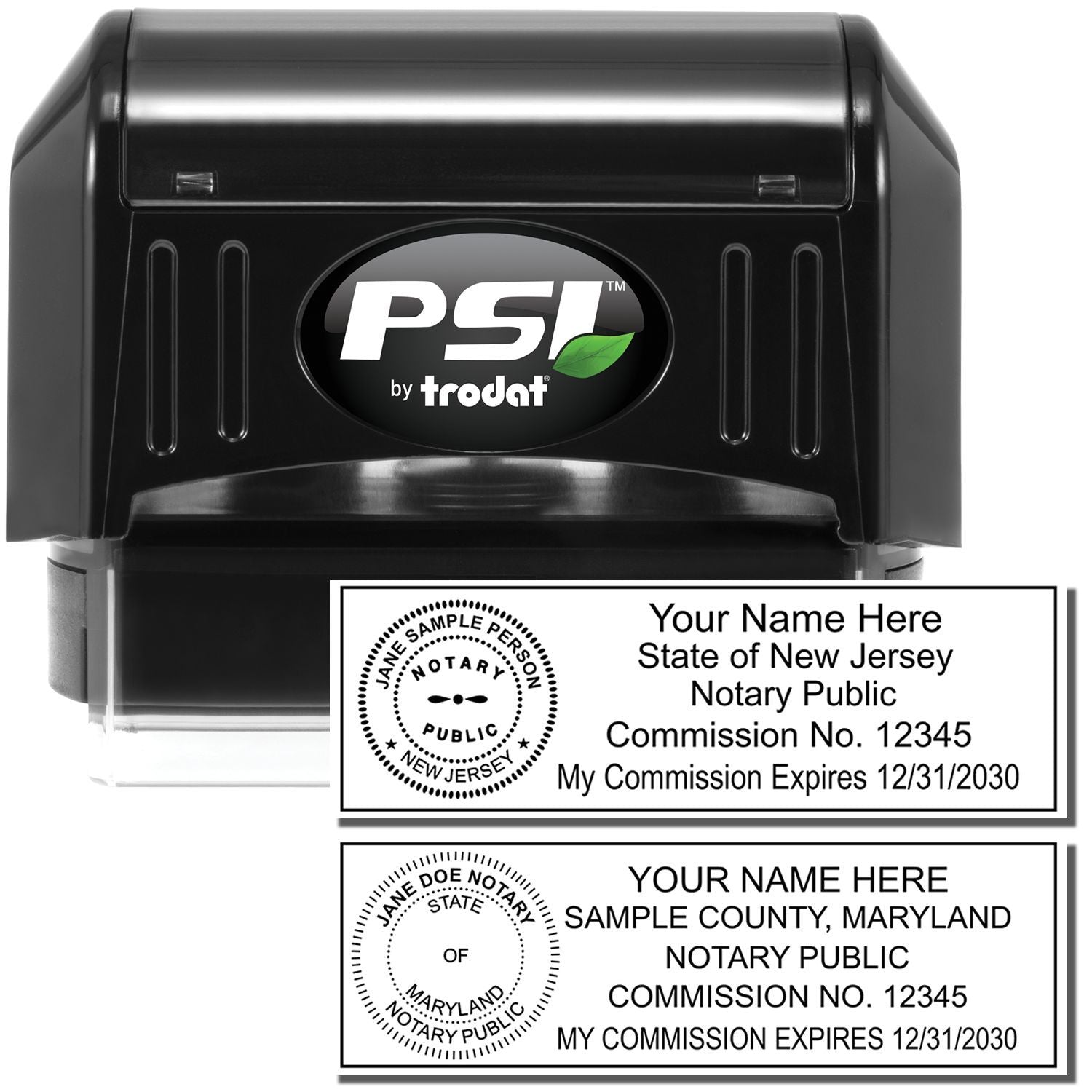 PSI by Trodat self-inking notary stamp with New Jersey and Maryland notary public sample imprint designs.