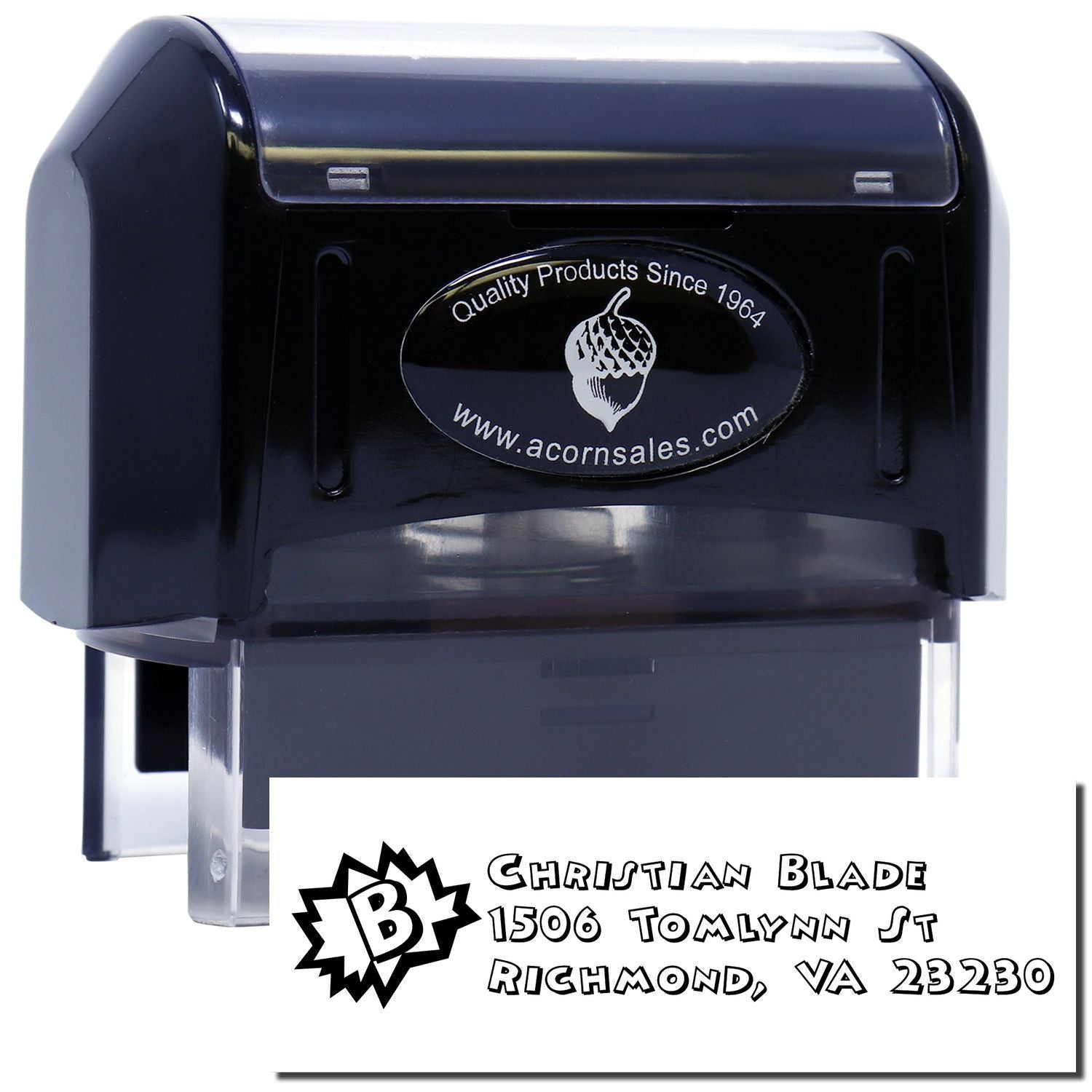 Custom self-inking rubber stamp for return address printing, showing Christian Blade address in Richmond, VA.