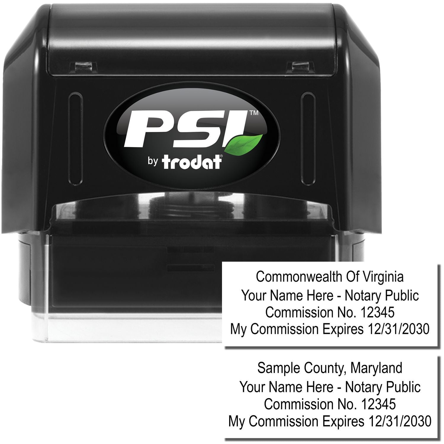 PSI by Trodat notary stamp with customizable Virginia and Maryland notary public imprint samples.