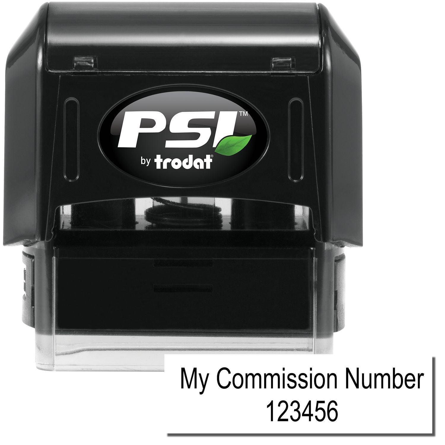 Black PSI by Trodat self-inking notary stamp with custom commission number 123456.
