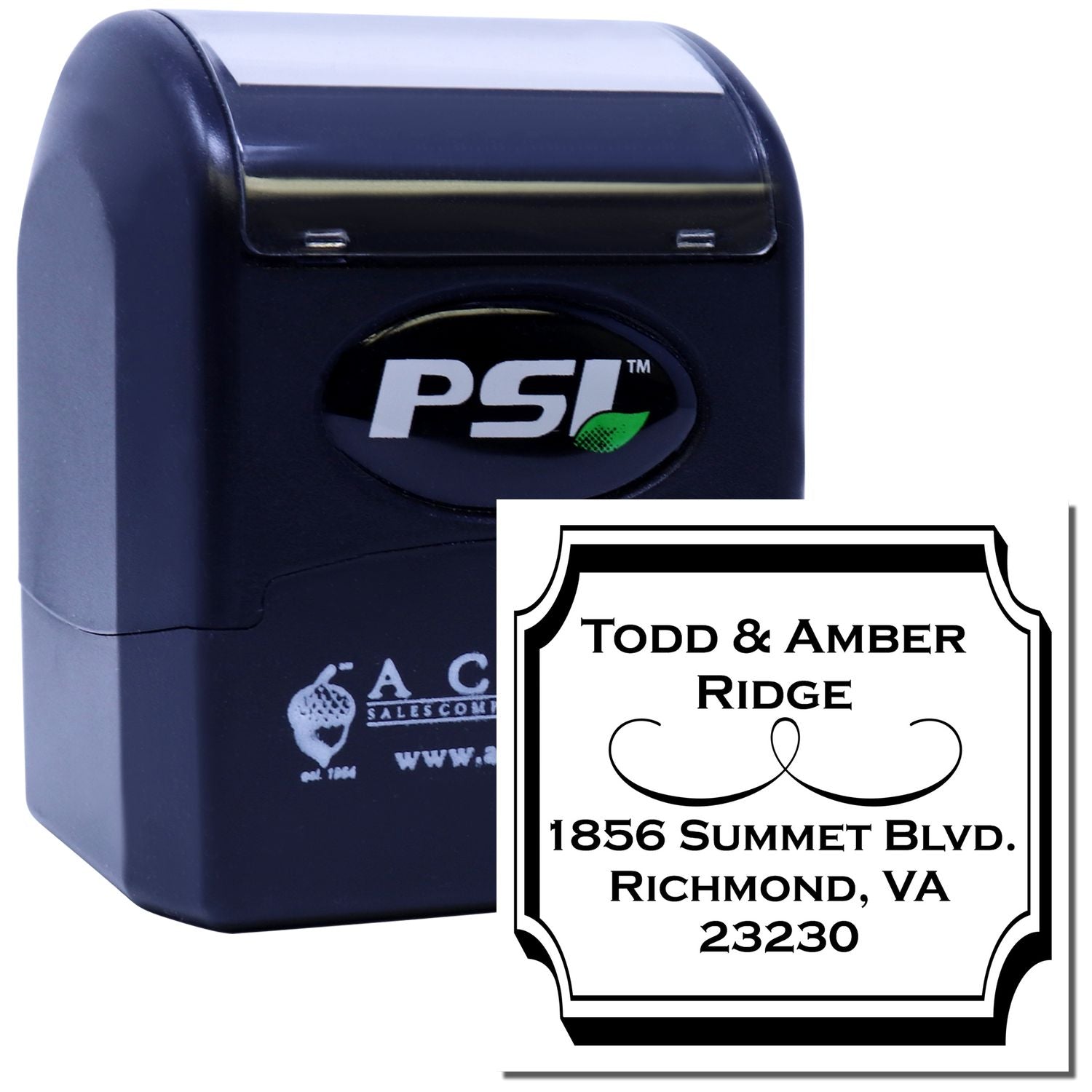 PSI self-inking custom rubber address stamp with personalized family name and Richmond, VA return address design