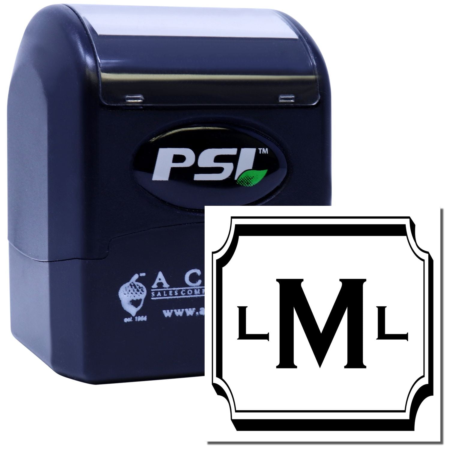 PSI self-inking rubber stamp with framed LML monogram design for custom personal or business branding.