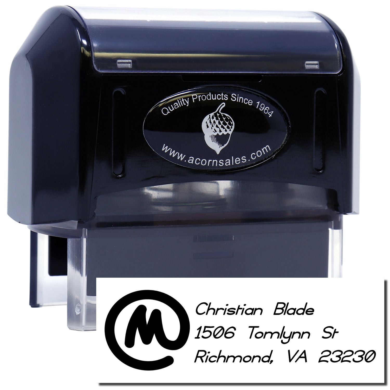 Custom self-inking rubber address stamp with name and Richmond, VA return address imprint for business mailing.