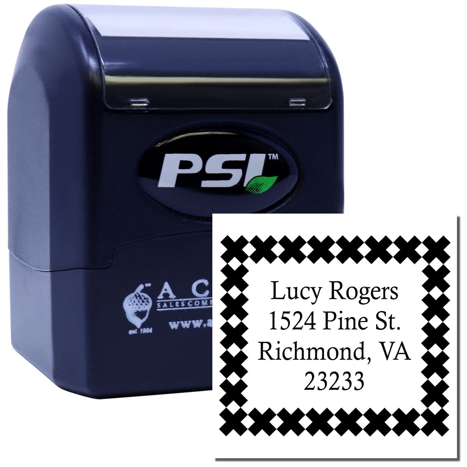 Self-inking PSI return address rubber stamp with decorative border for custom mailing labels and business correspondence.