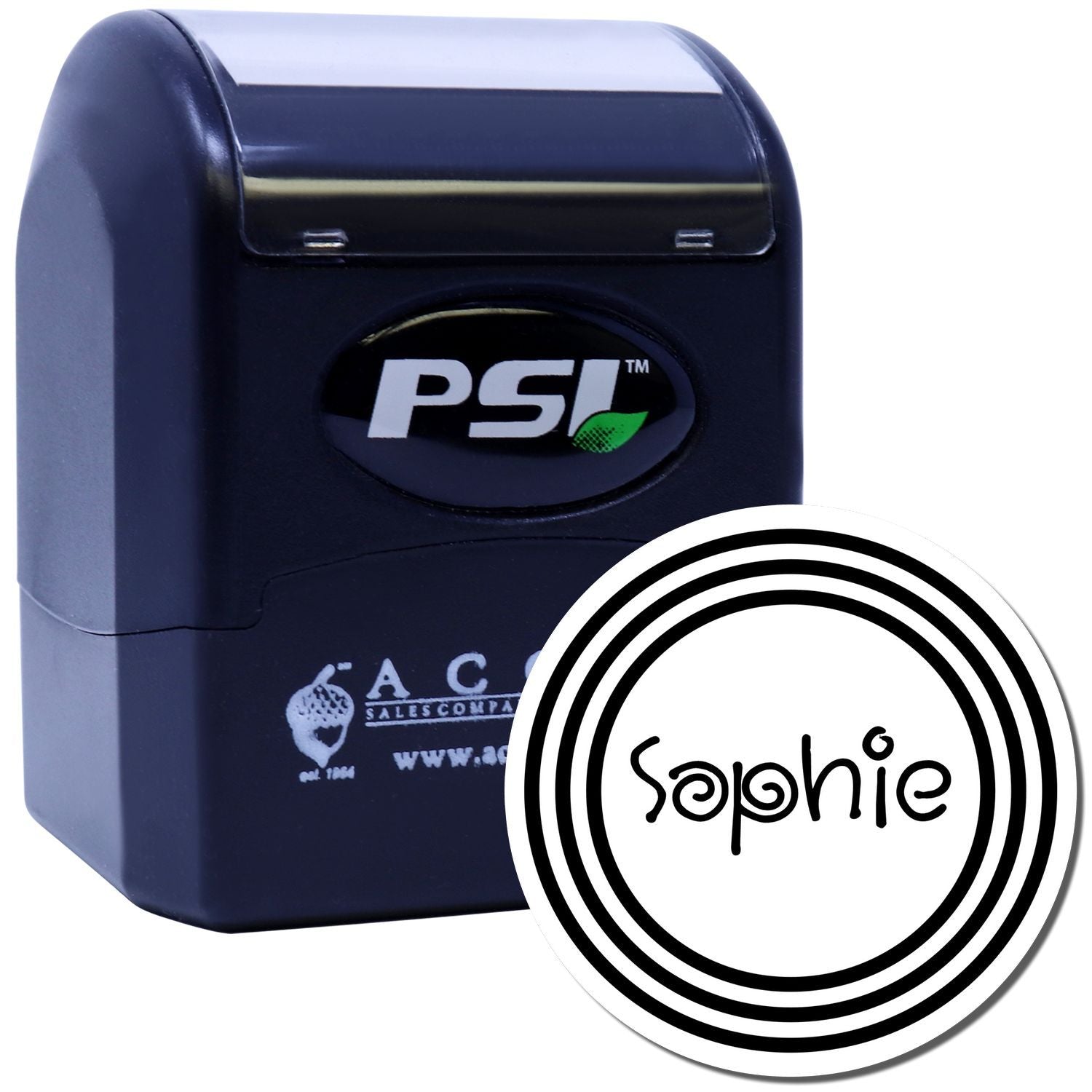 Custom circular Sophie rubber stamp with PSI self-inking stamp for personalized branding