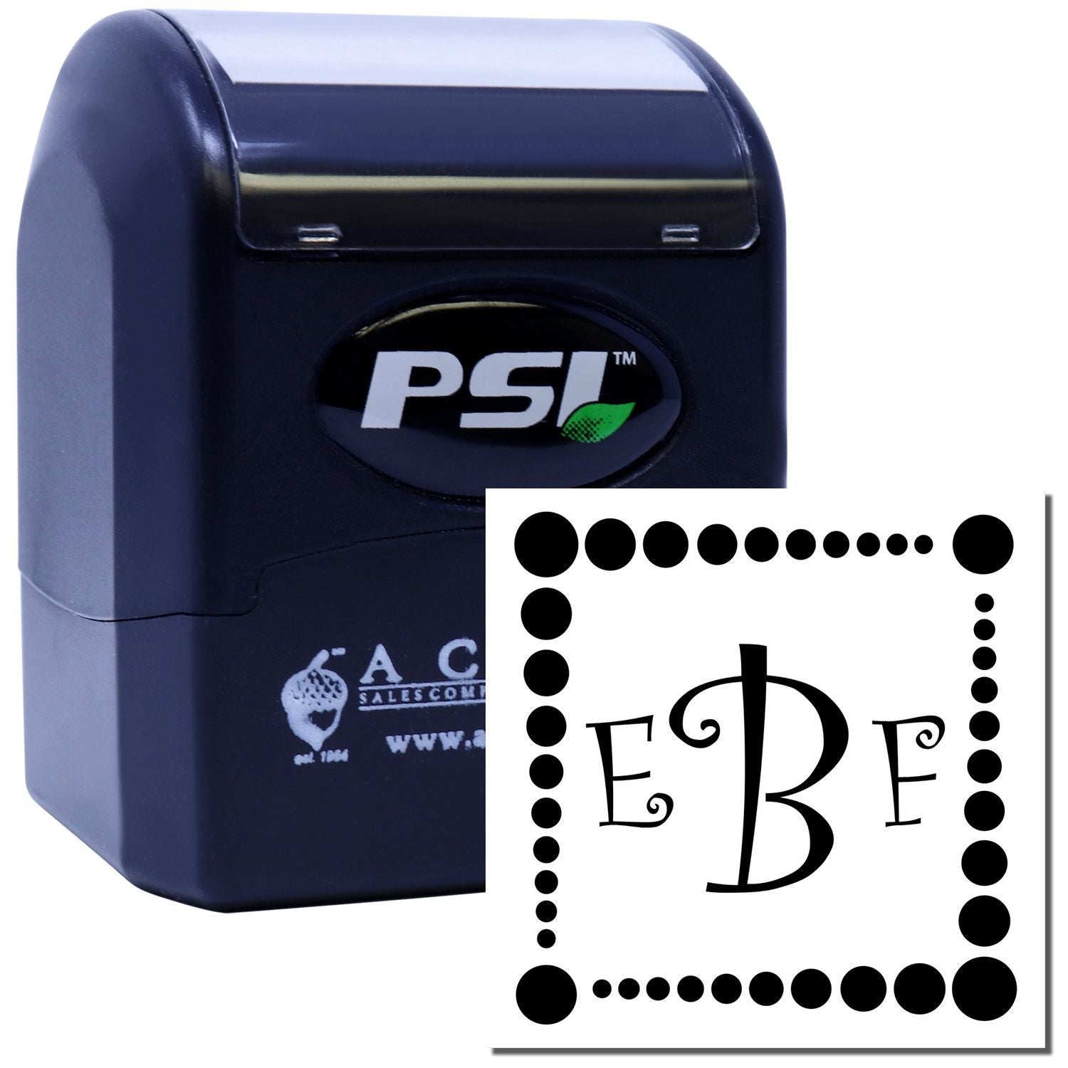 PSI custom self-inking rubber stamp with decorative monogram design for personalized stationery, business branding, and crafts.