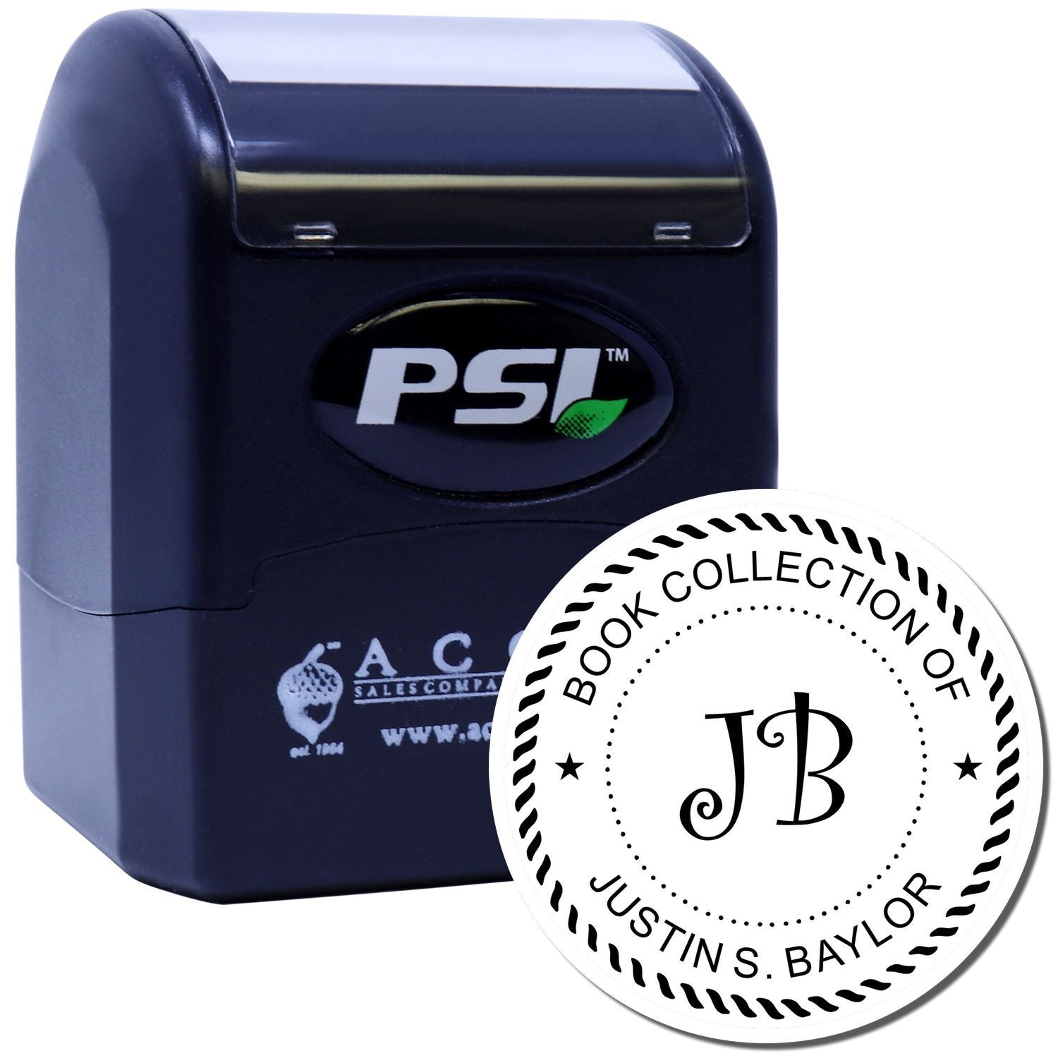 Custom self-inking rubber stamp for personal library book collection, monogram JB, with PSI stamp case