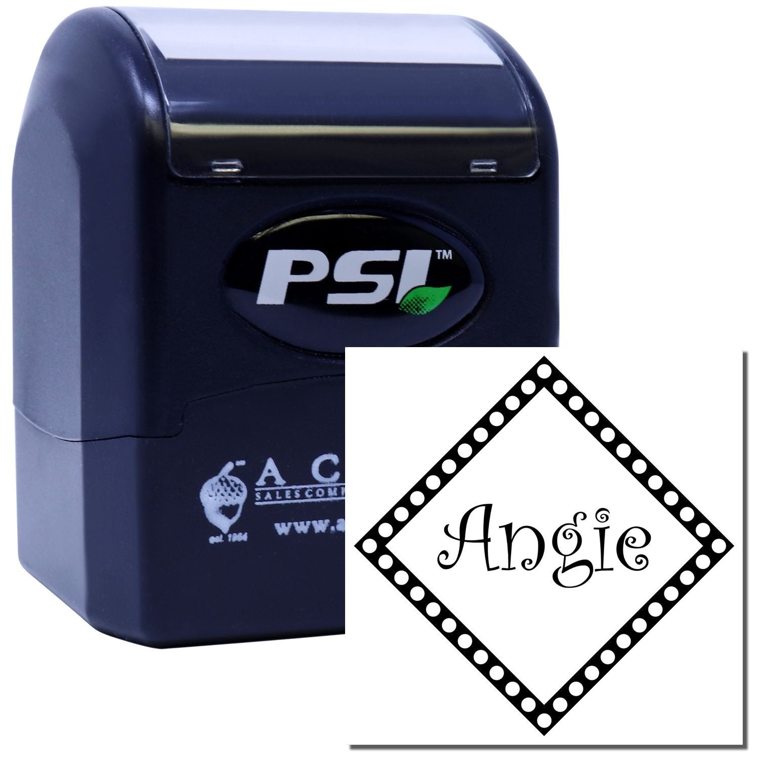 PSI self-inking custom rubber stamp with decorative Angie imprint and diamond border design preview