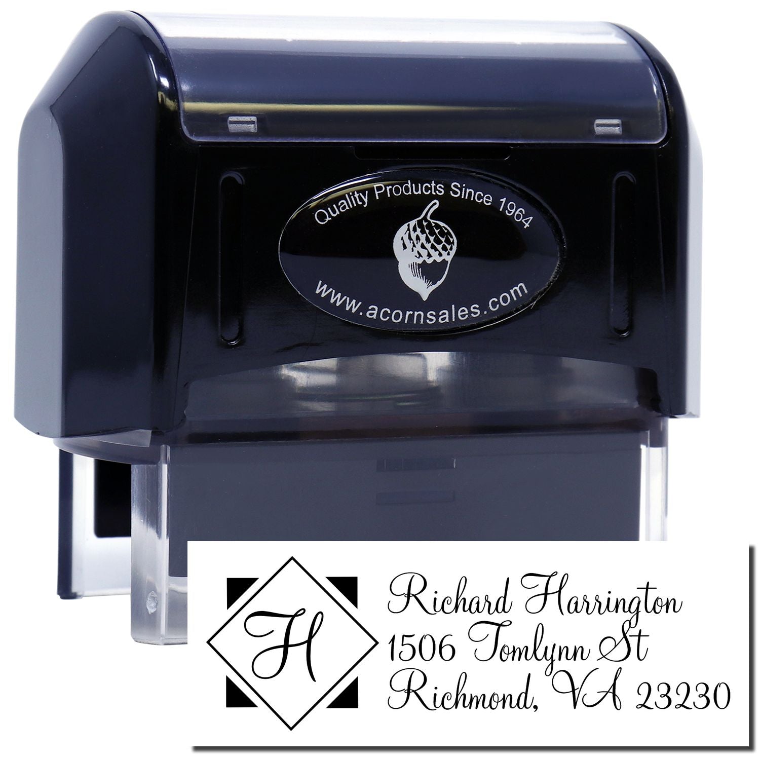 Custom self-inking address rubber stamp with monogram and personalized return address for mailing and branding