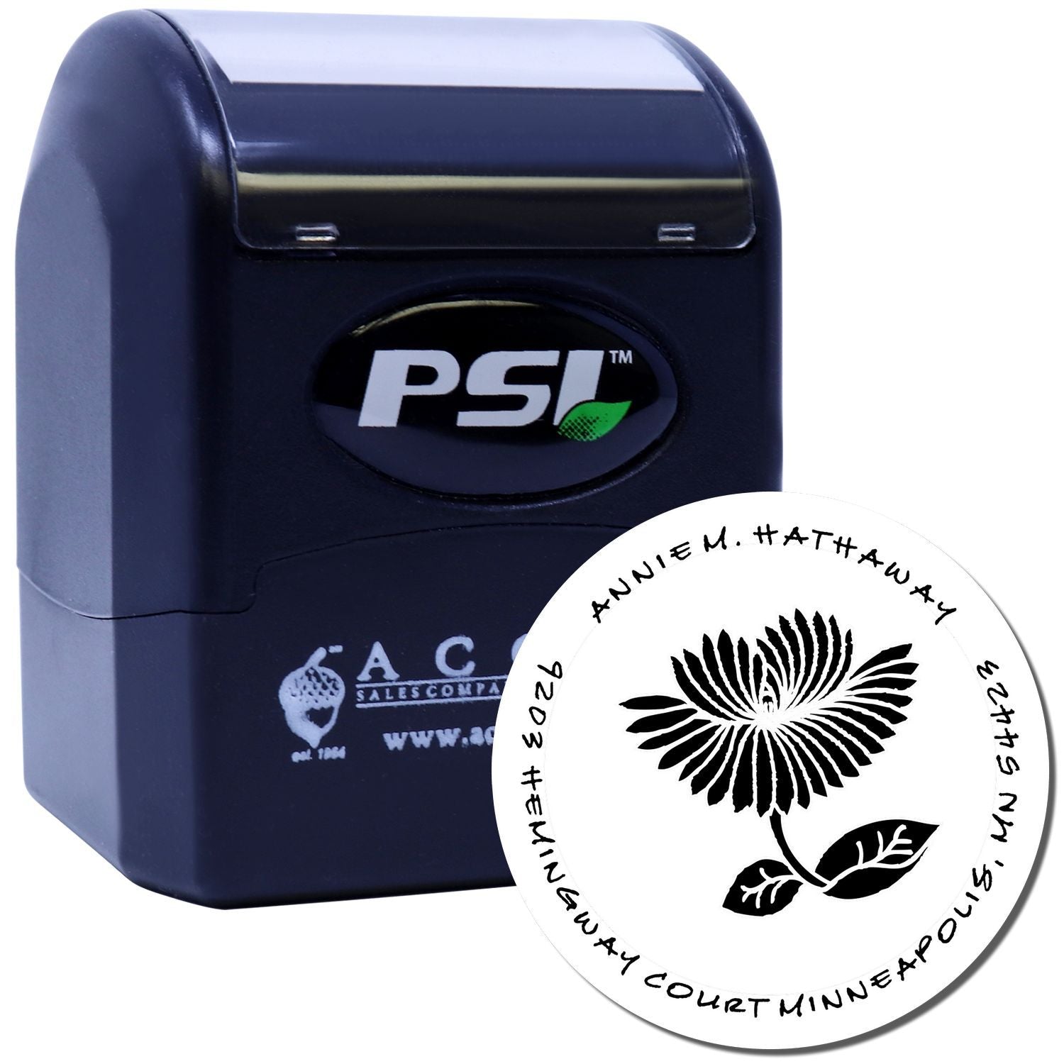 Custom self-inking rubber stamp with PSI stamp machine and floral logo imprint for personalized business branding.