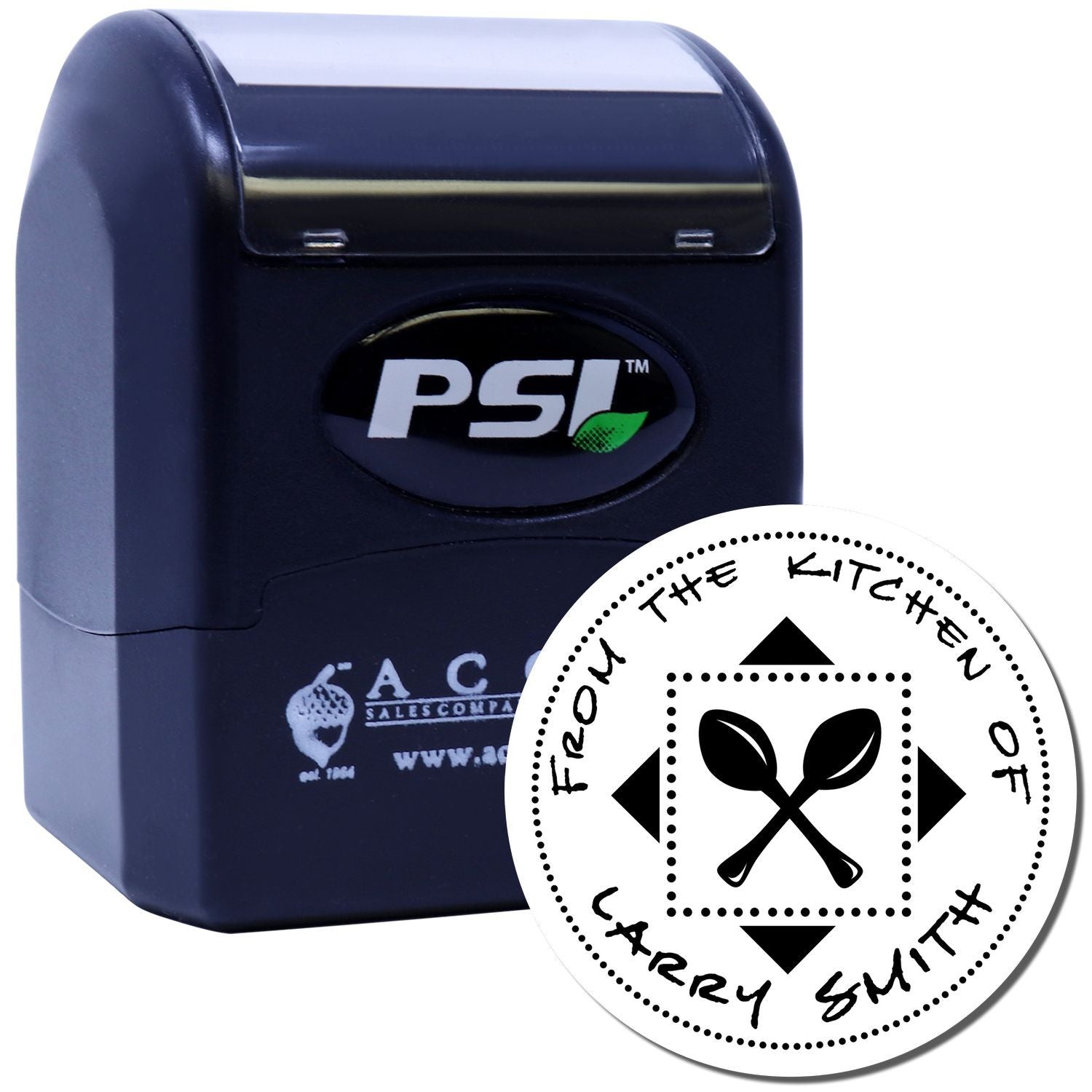 Custom self-inking rubber stamp with "From the Kitchen of Larry Smith" logo for homemade food branding.