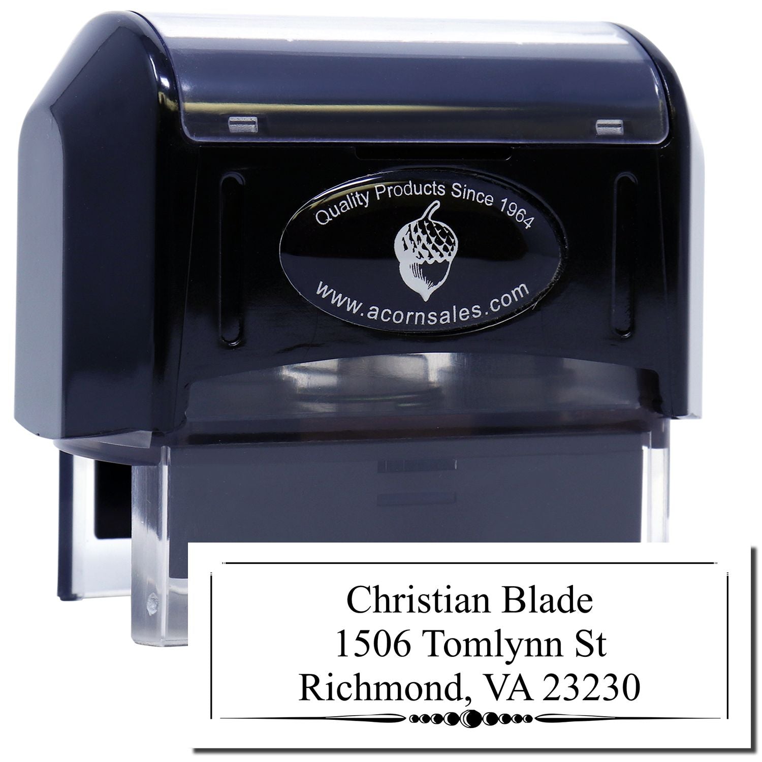 Self-inking address rubber stamp for Christian Blade, Richmond VA 23230, with custom return address imprint.