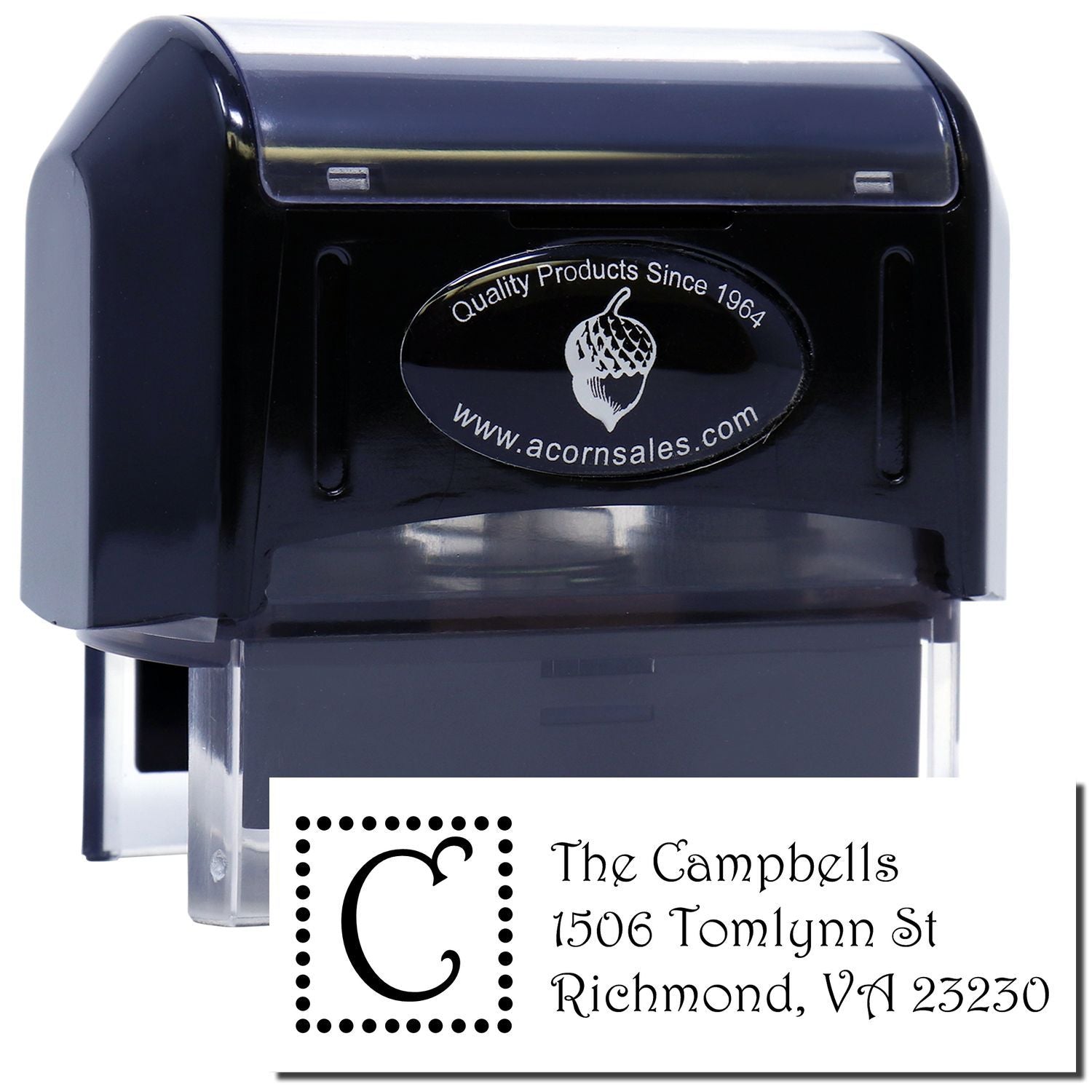 Custom self-inking rubber stamp with monogram and return address imprint for personalized envelopes and mail.