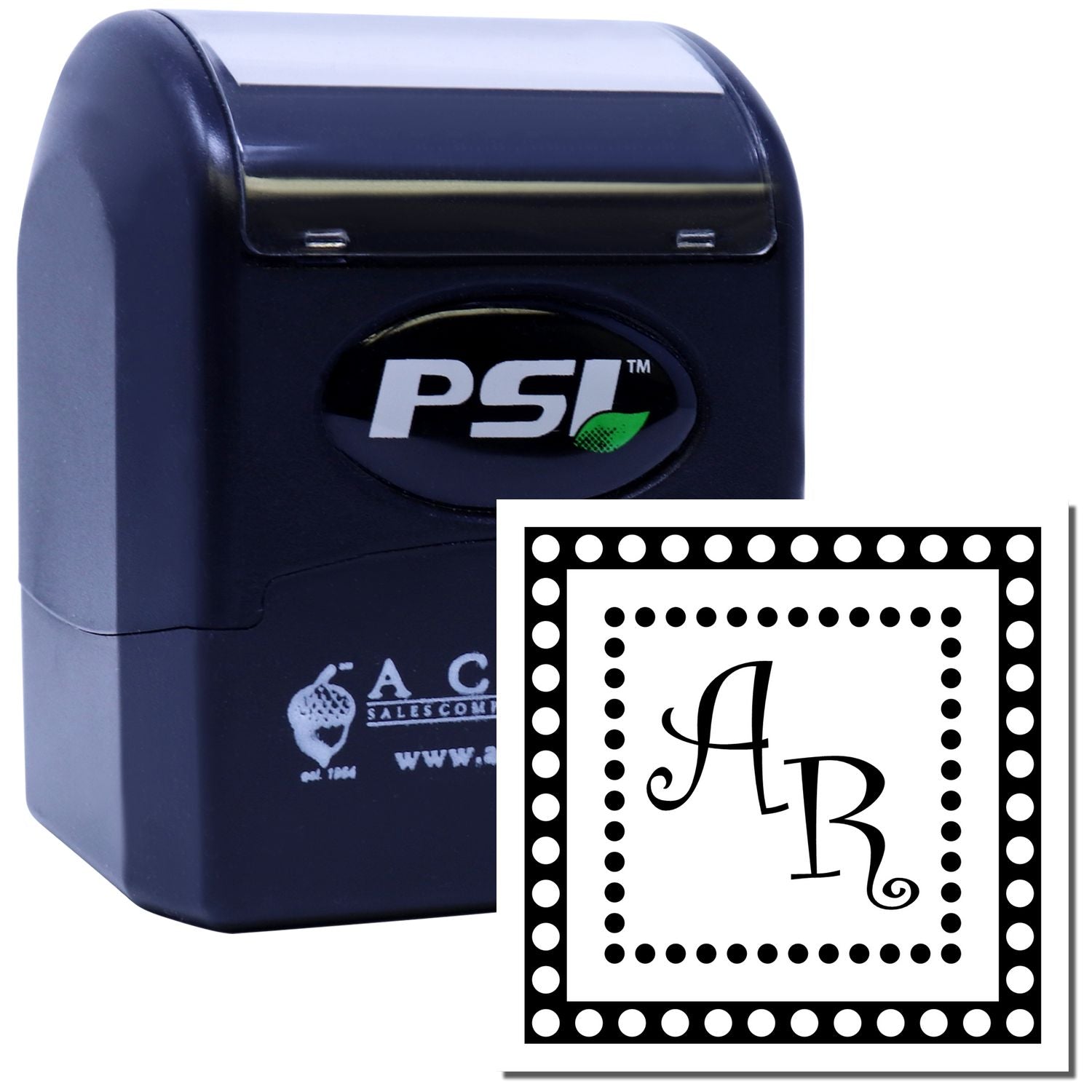 PSI self-inking custom monogram rubber stamp with AB initials for personalized stationery, wedding, or business branding.