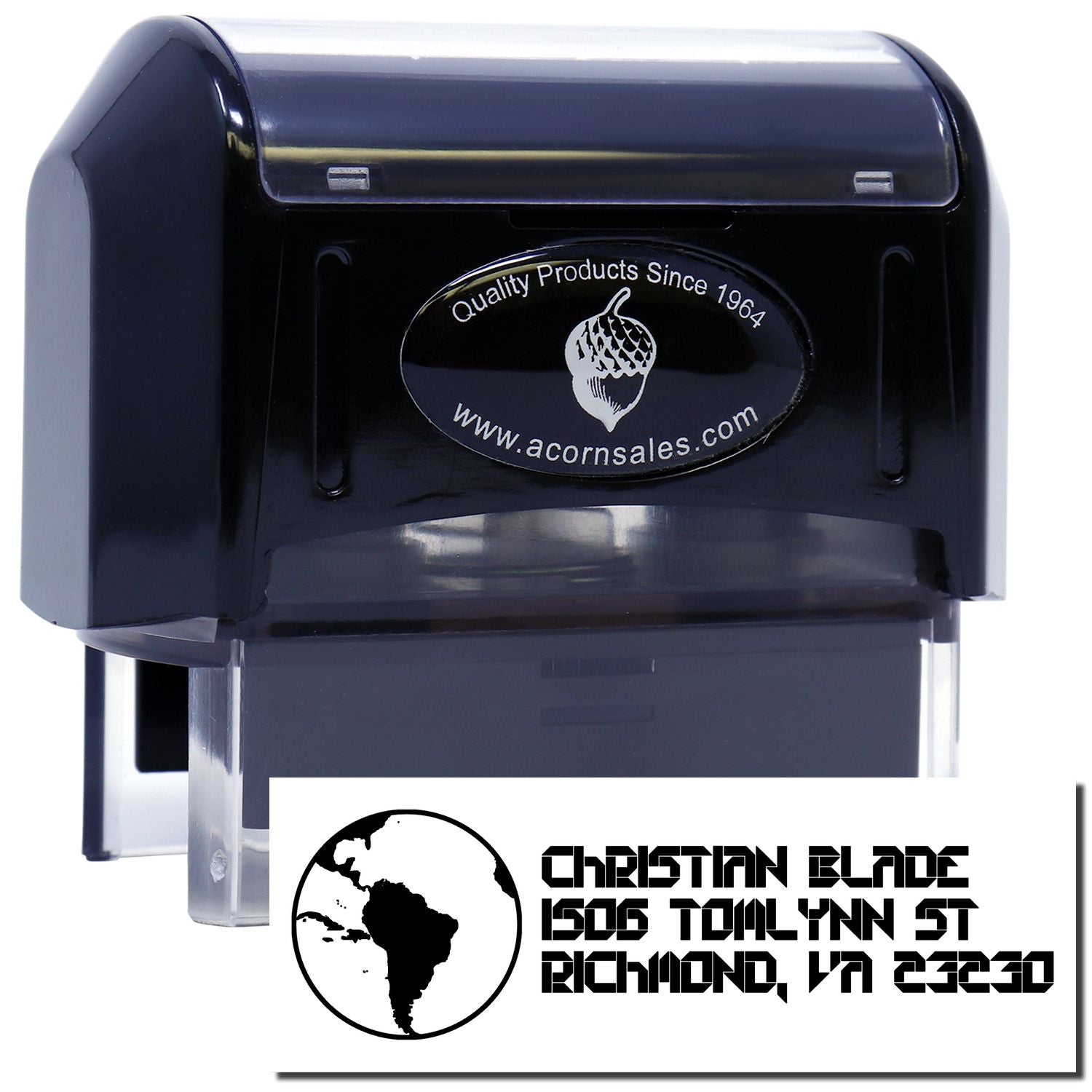 Custom self-inking rubber stamp with logo and return address for business mailings and branding