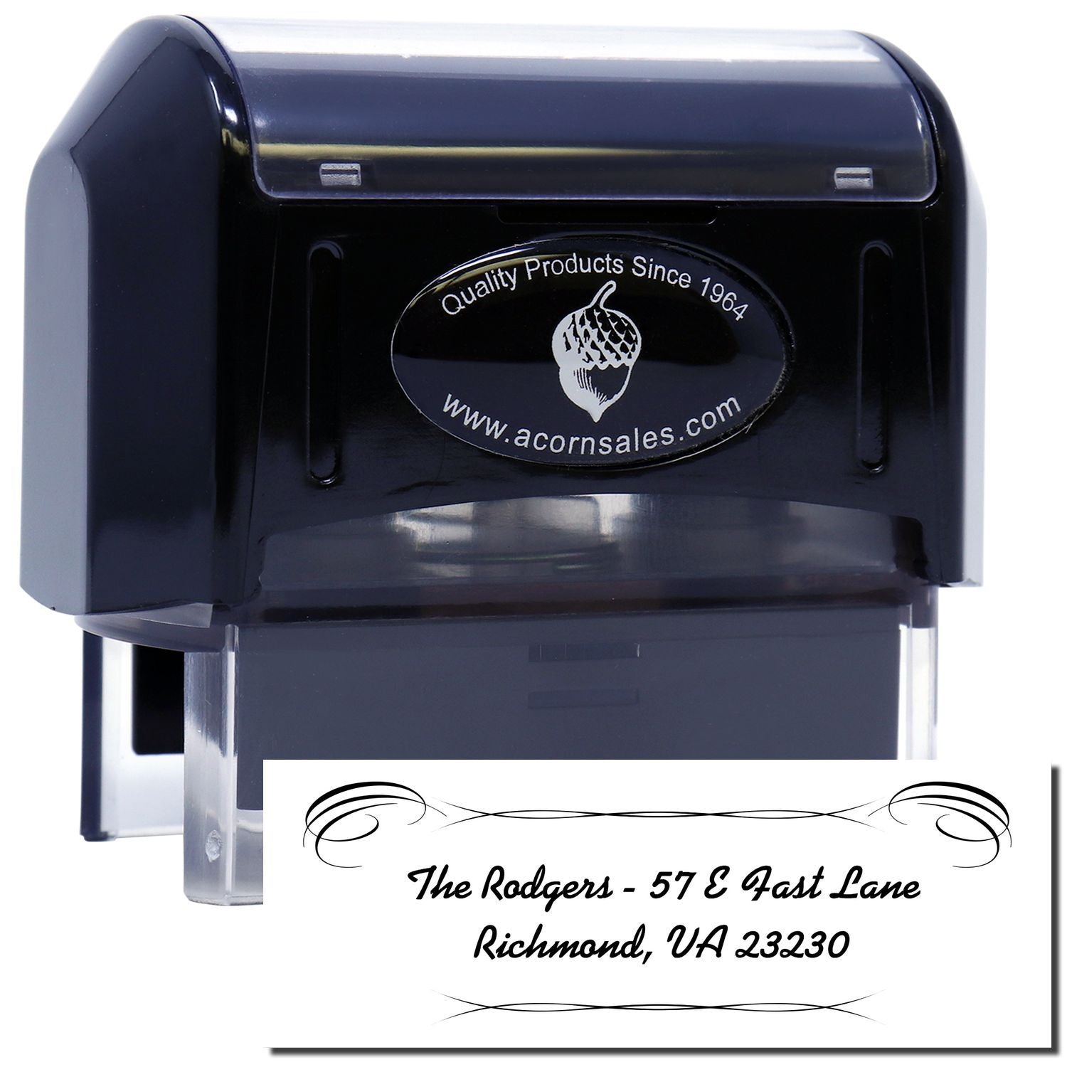 Custom self-inking rubber address stamp with decorative border, personalized for The Rodgers, Richmond, VA 23230.