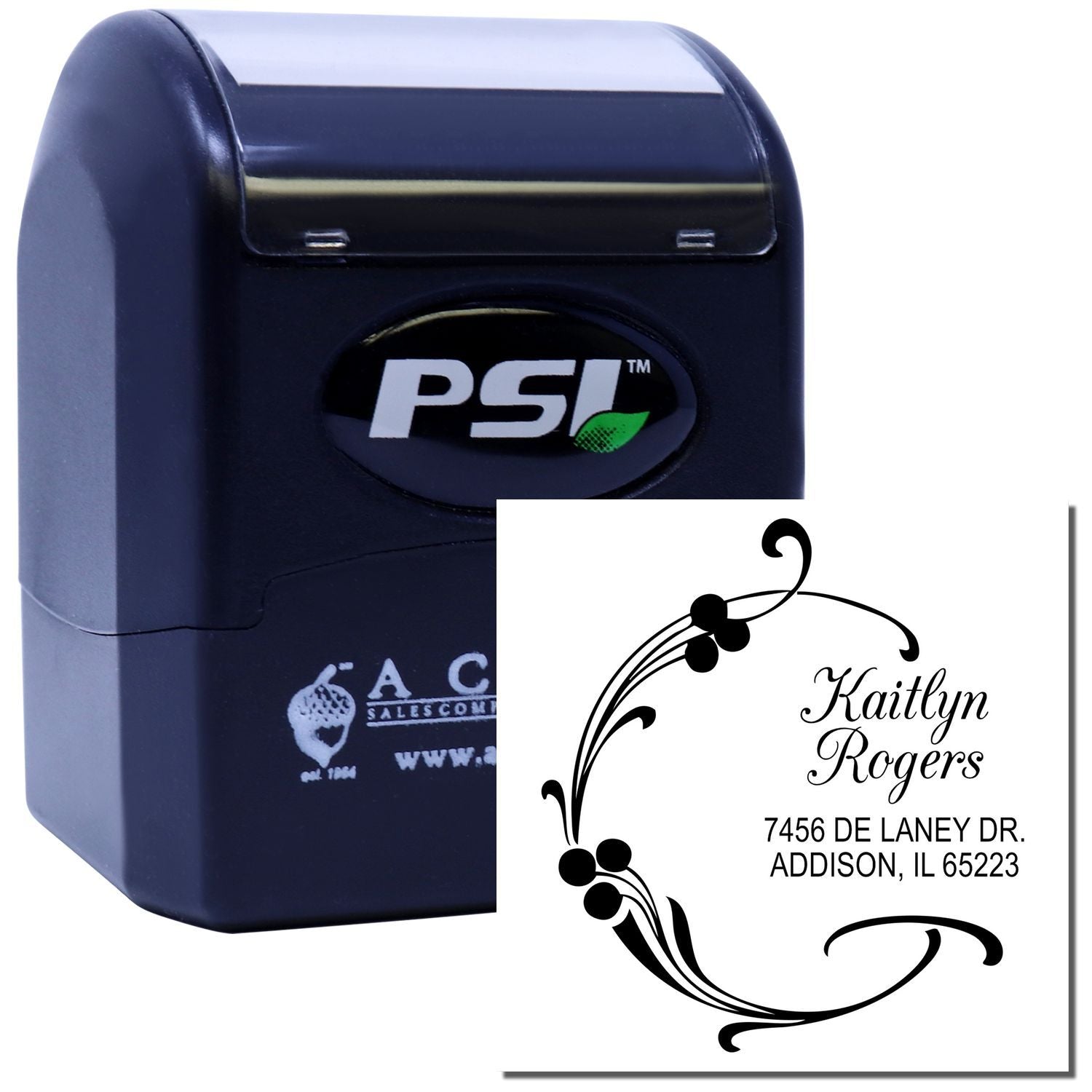PSI self-inking rubber stamp with custom floral return address design for personalized mailing and business use