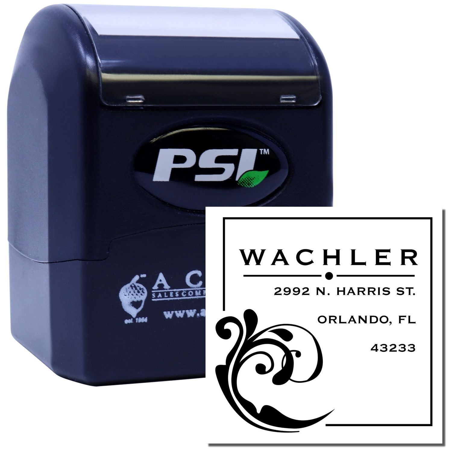 PSI self-inking rubber stamp with custom business address design for fast, professional mailing and branding