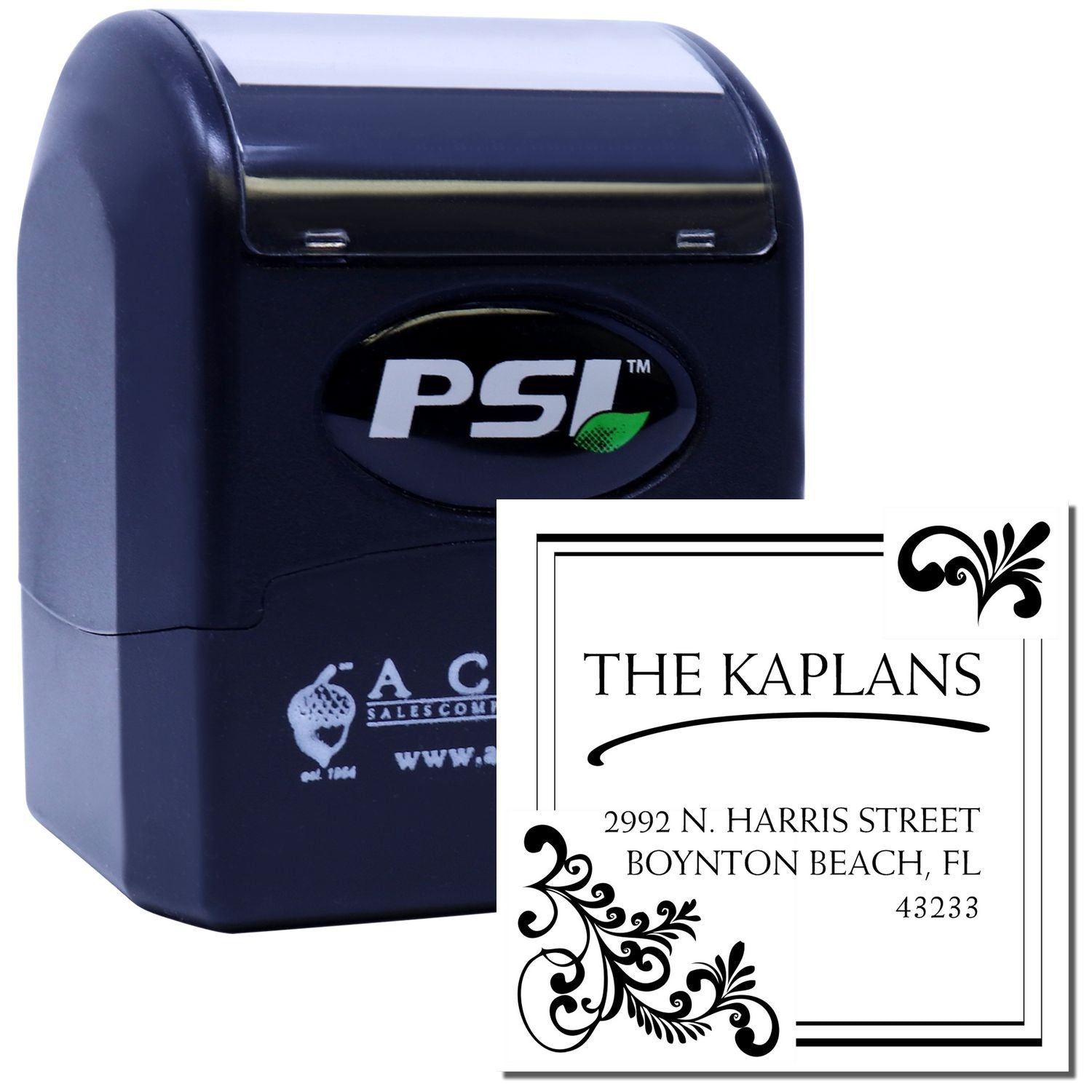 PSI custom self-inking address rubber stamp with decorative return address design for envelopes and stationery.