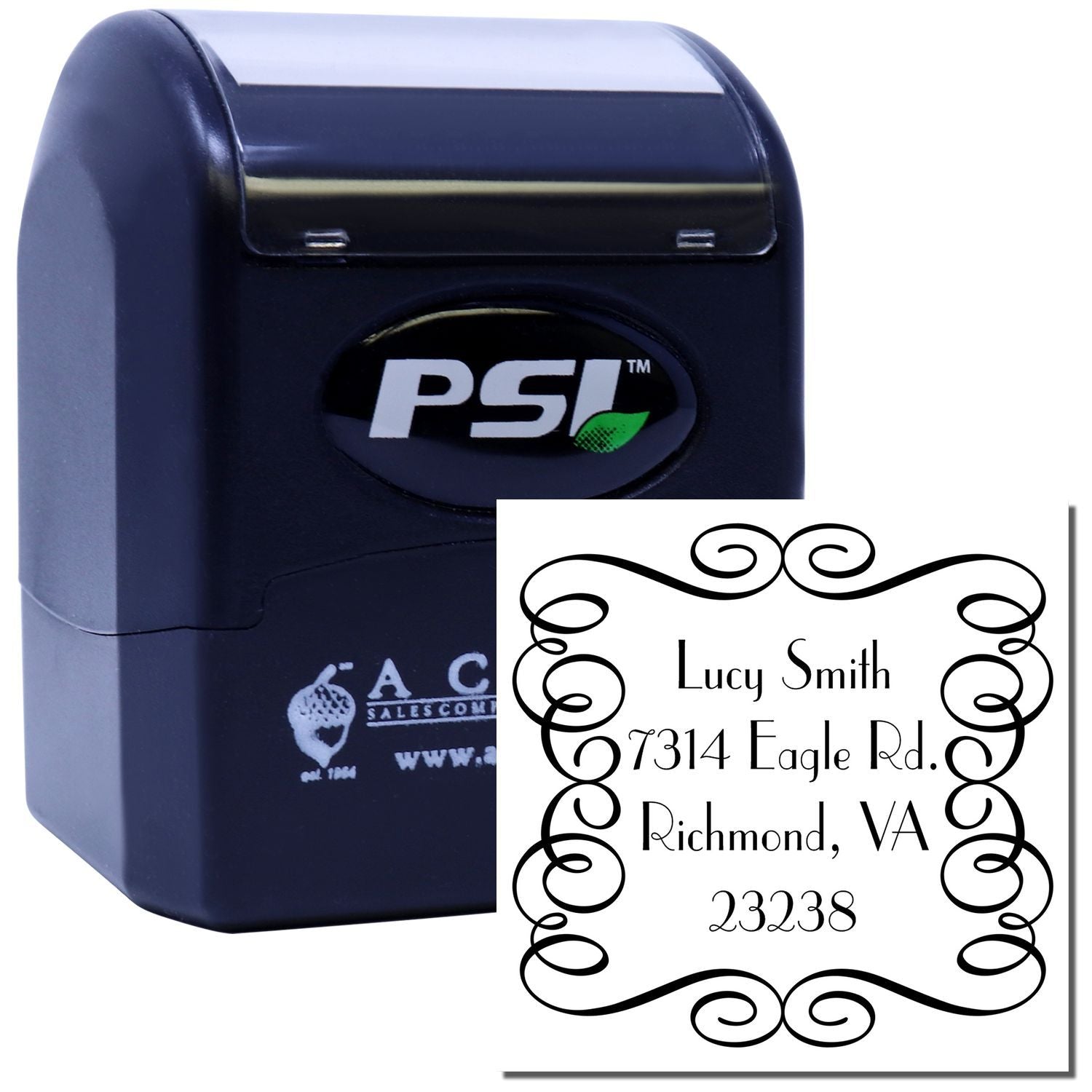 PSI self-inking custom address stamp with decorative border for personalized mailing and return address labels.