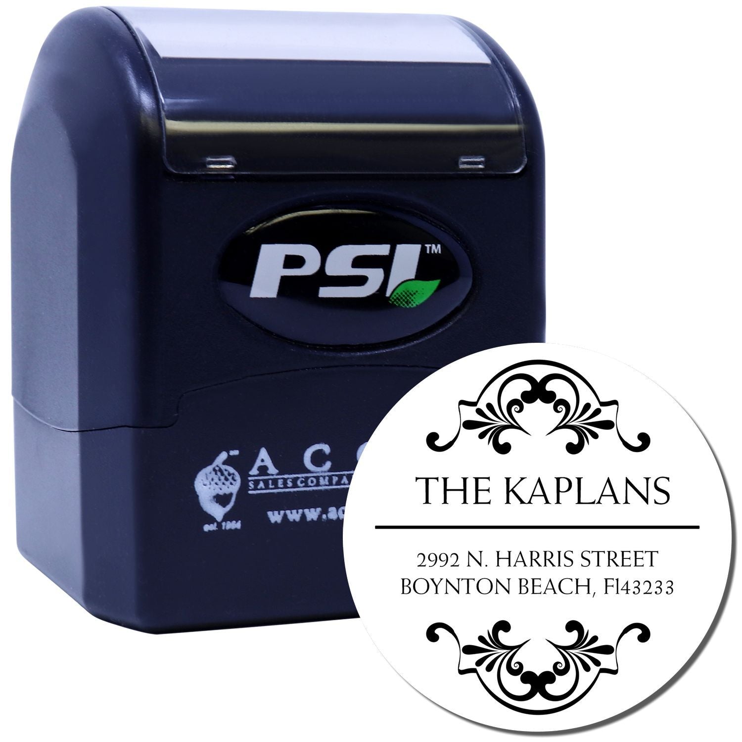 PSI self-inking custom return address rubber stamp with elegant personalized address design