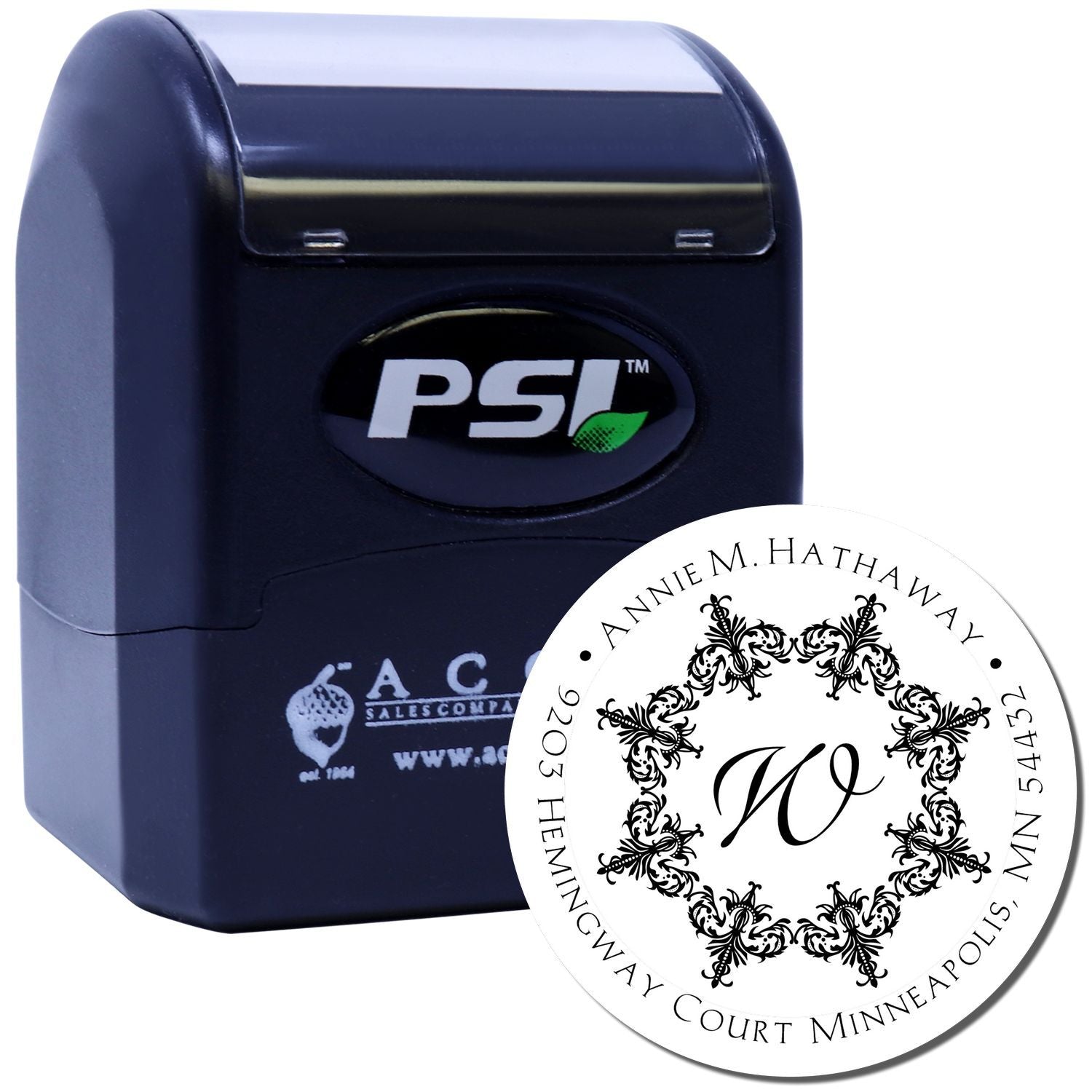 Custom self-inking rubber stamp and monogram return address imprint for Annie M. Hathaway, Minneapolis, MN