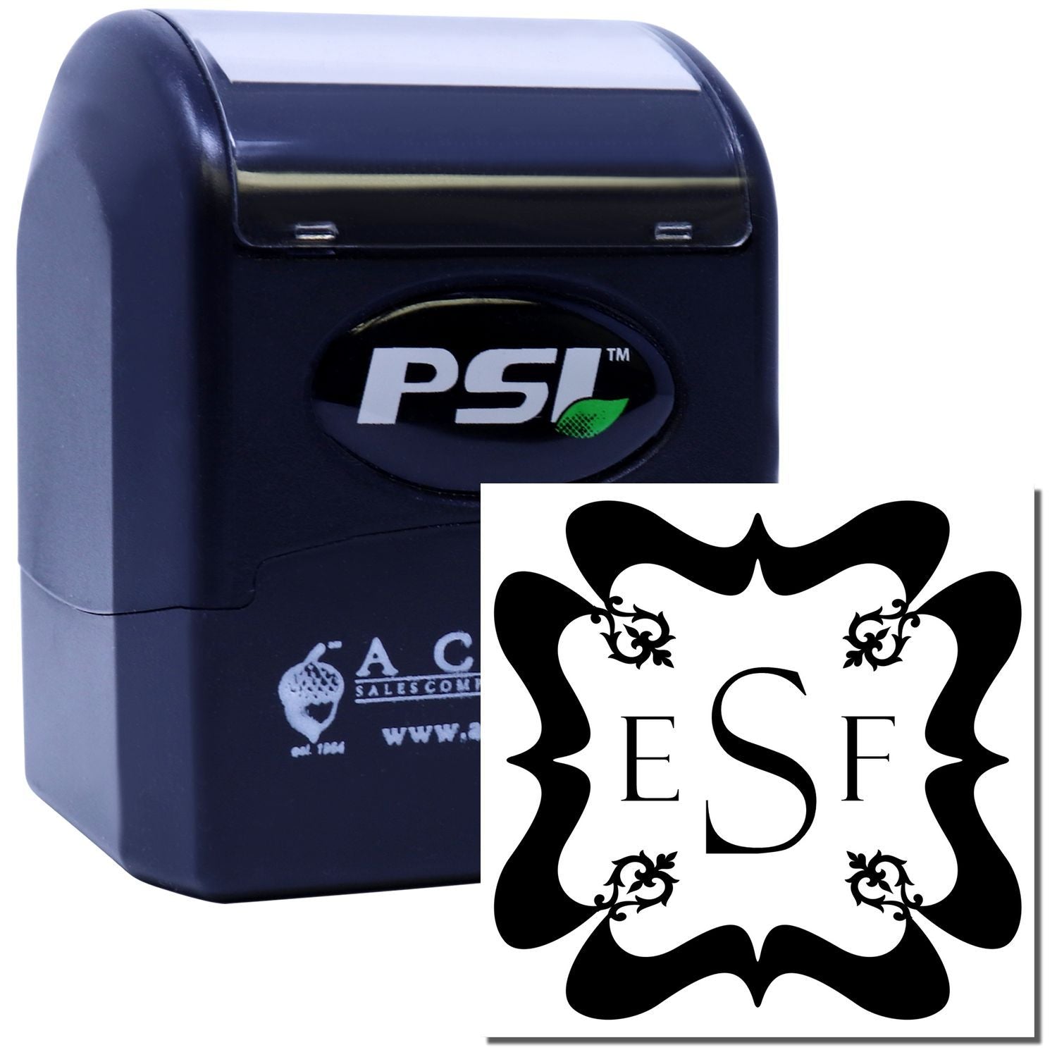 PSI self-inking rubber stamp with ornate ESF monogram design for custom business branding and personalized stamping