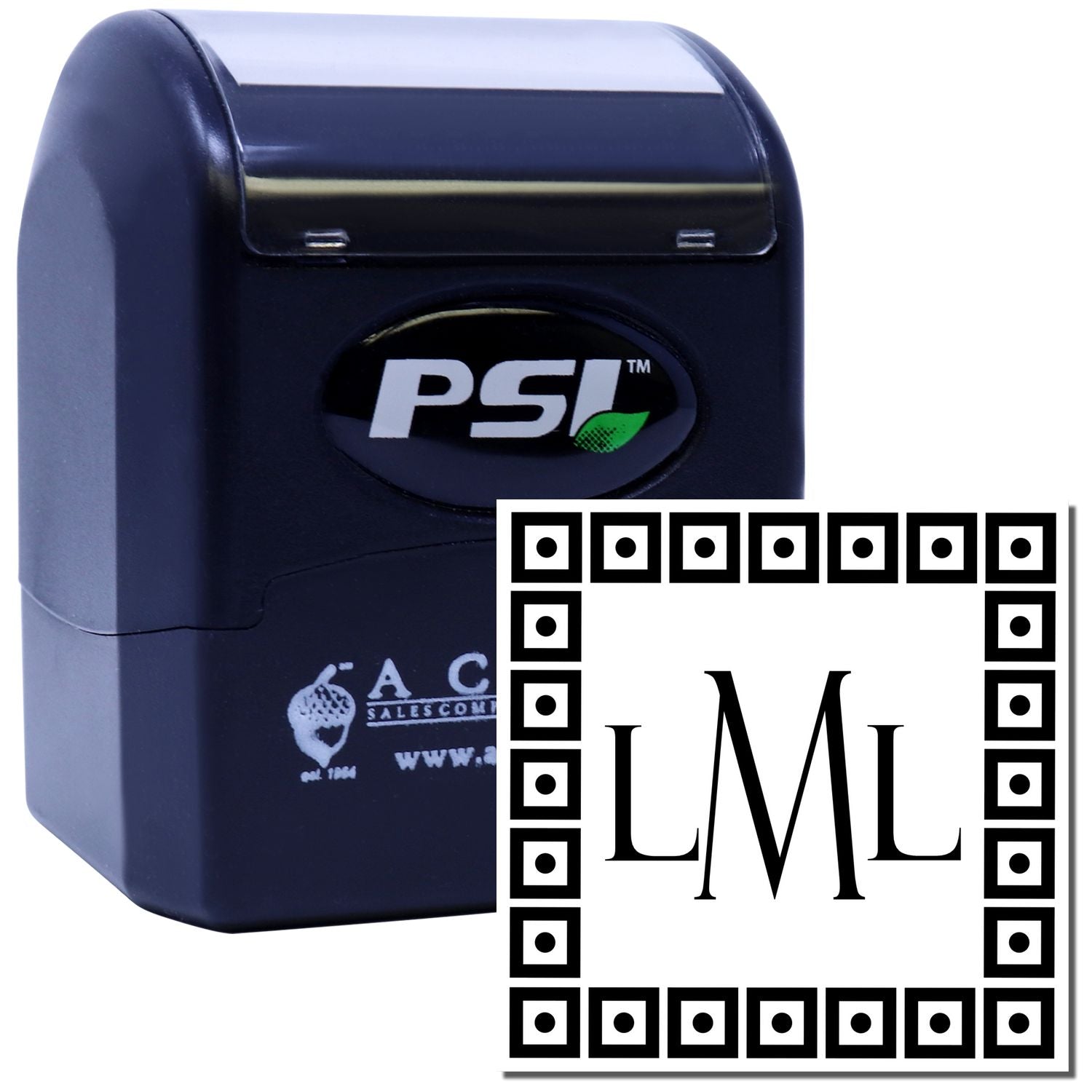 PSI self-inking custom rubber stamp with LML monogram design for personalized business or office marking.