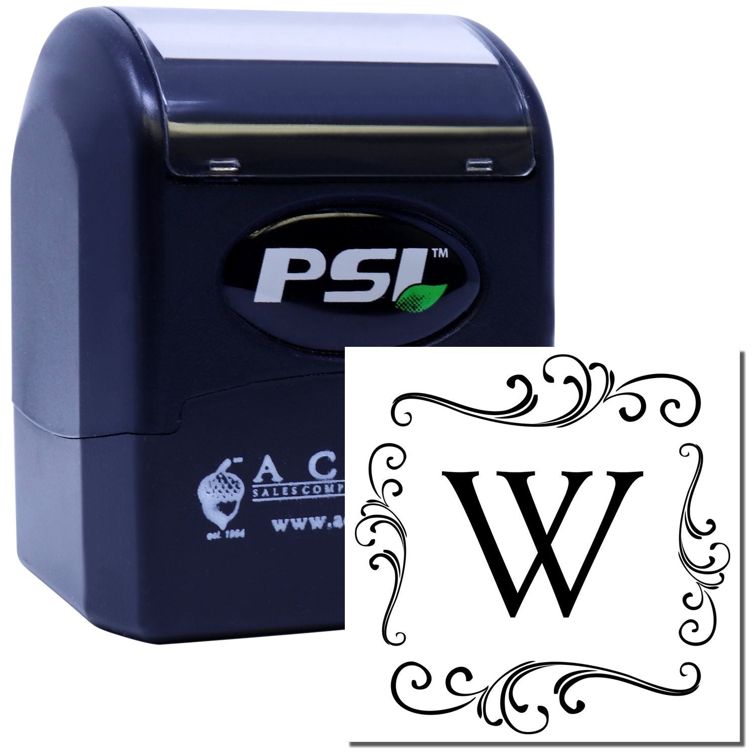 PSI self-inking rubber stamp with ornate monogram W, ideal for custom wedding invitations, business branding, and crafts.