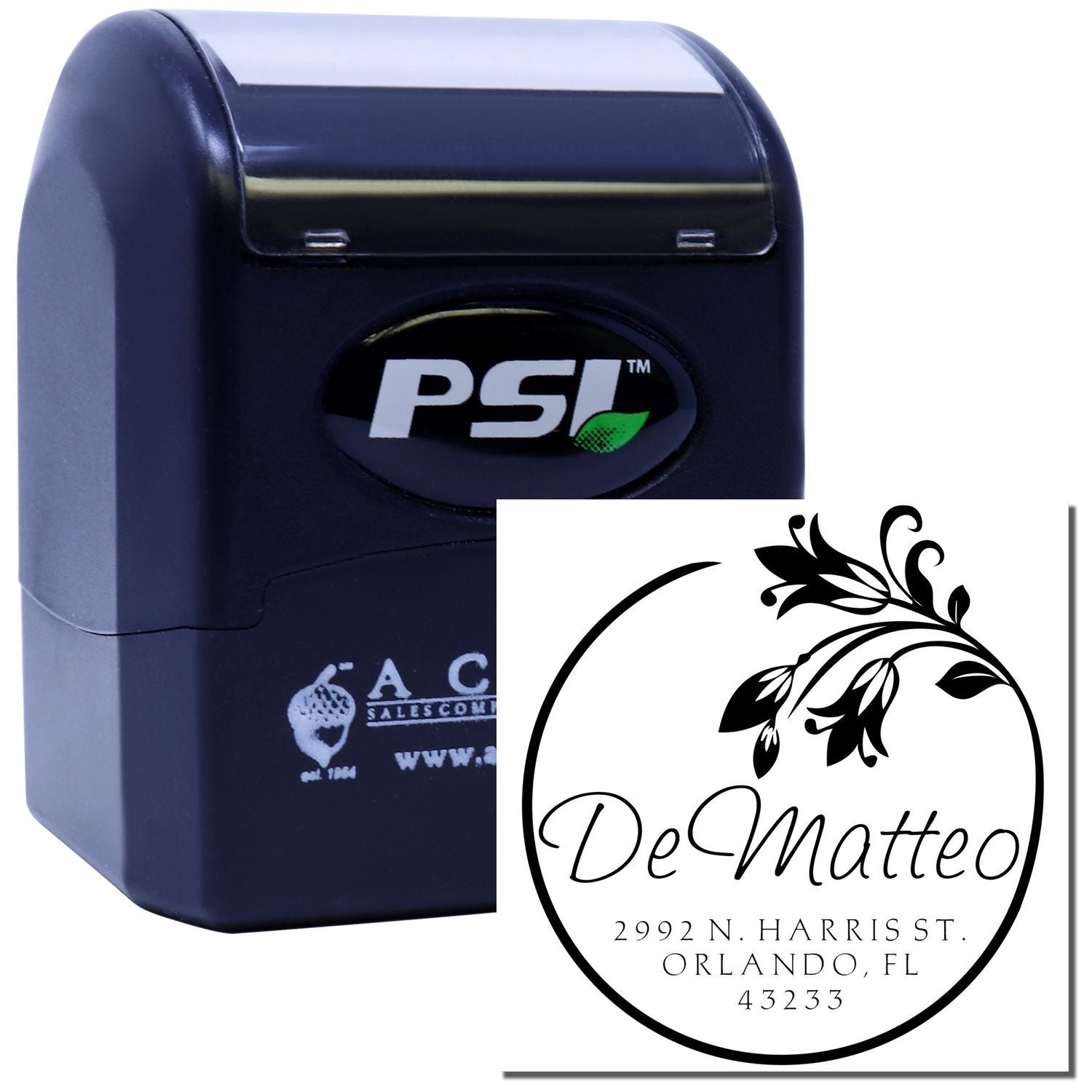 PSI self-inking rubber stamp with custom floral address stamp design for personalized mailing and business use