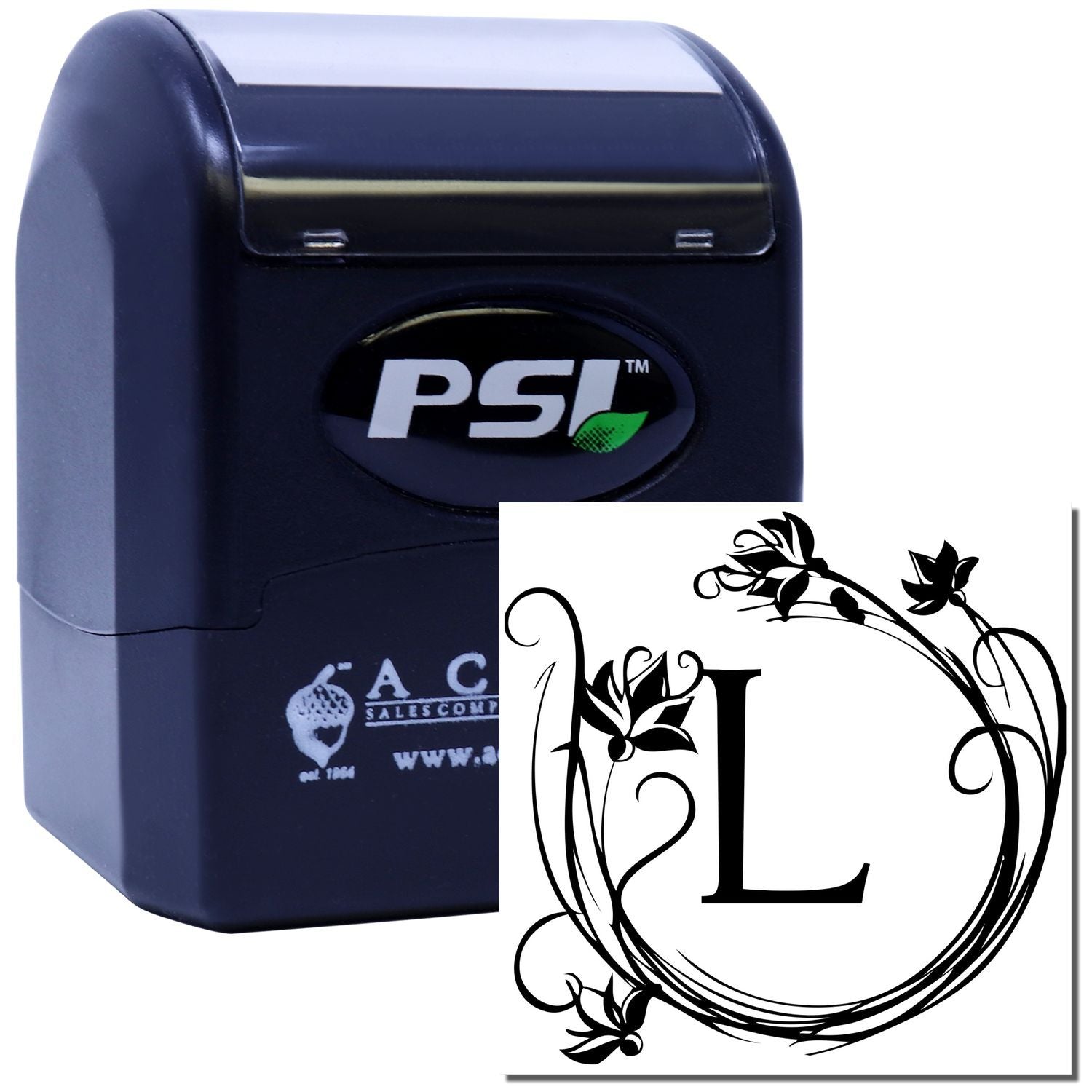 PSI self-inking rubber stamp with floral monogram letter L for custom personalized stamping