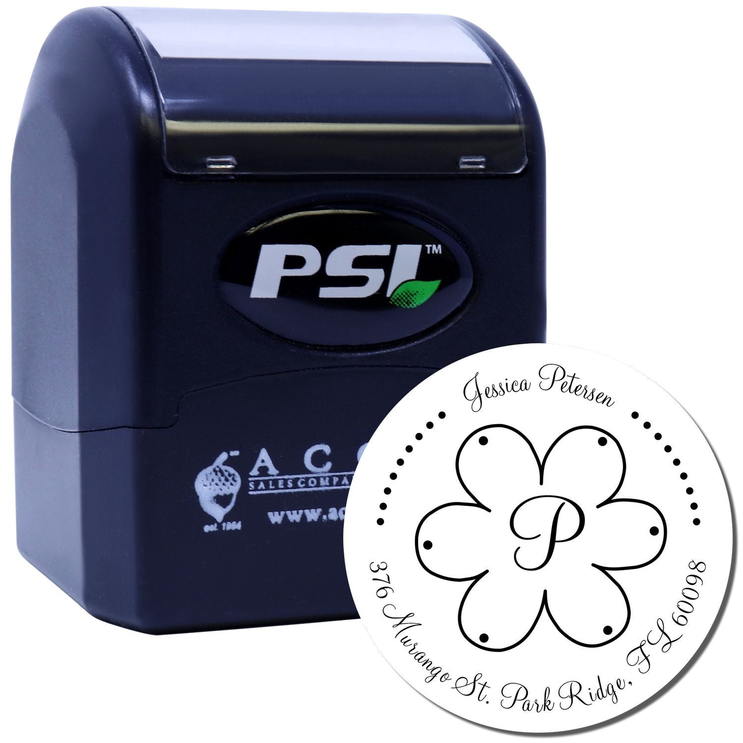 Custom PSI self-inking rubber stamp with personalized floral monogram and return address design for mailings