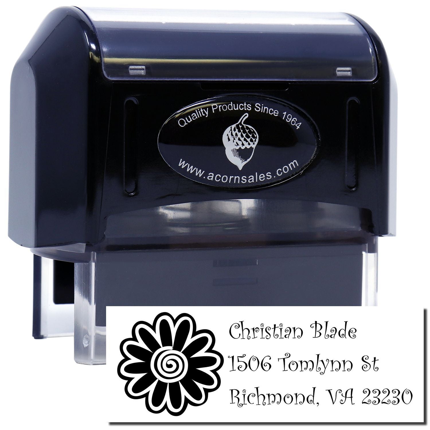 Personalized self-inking rubber address stamp with floral design for Christian Blade, Richmond, VA.