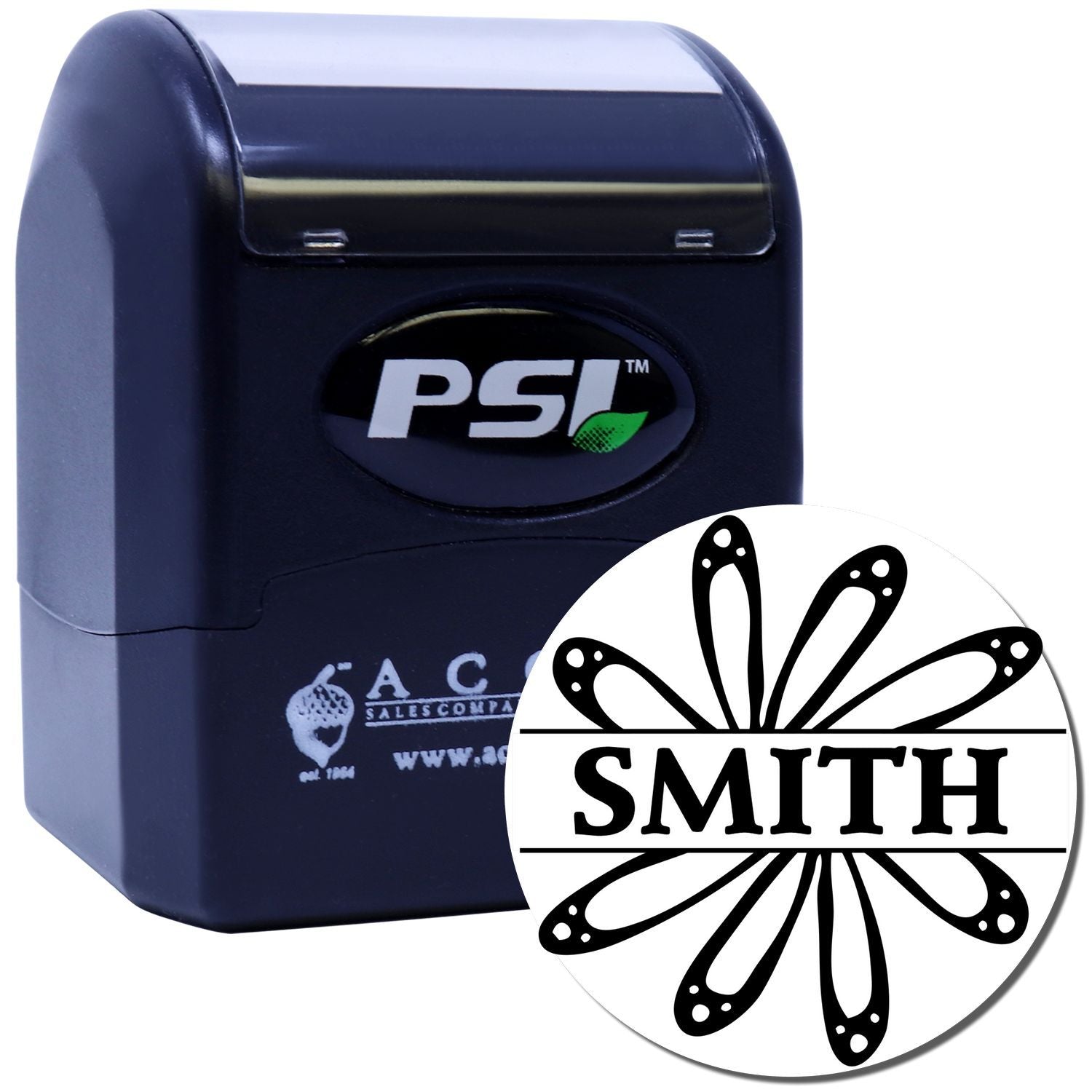 Custom Smith self-inking rubber stamp by PSI for branded business imprinting and personalized office use.