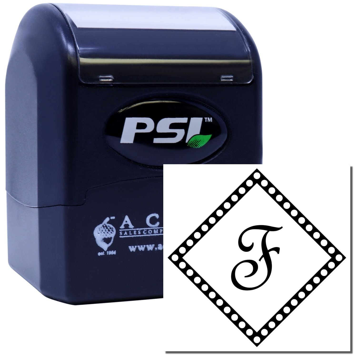 Custom self-inking rubber stamp with monogram F in dotted diamond border for personalized stationery and branding.