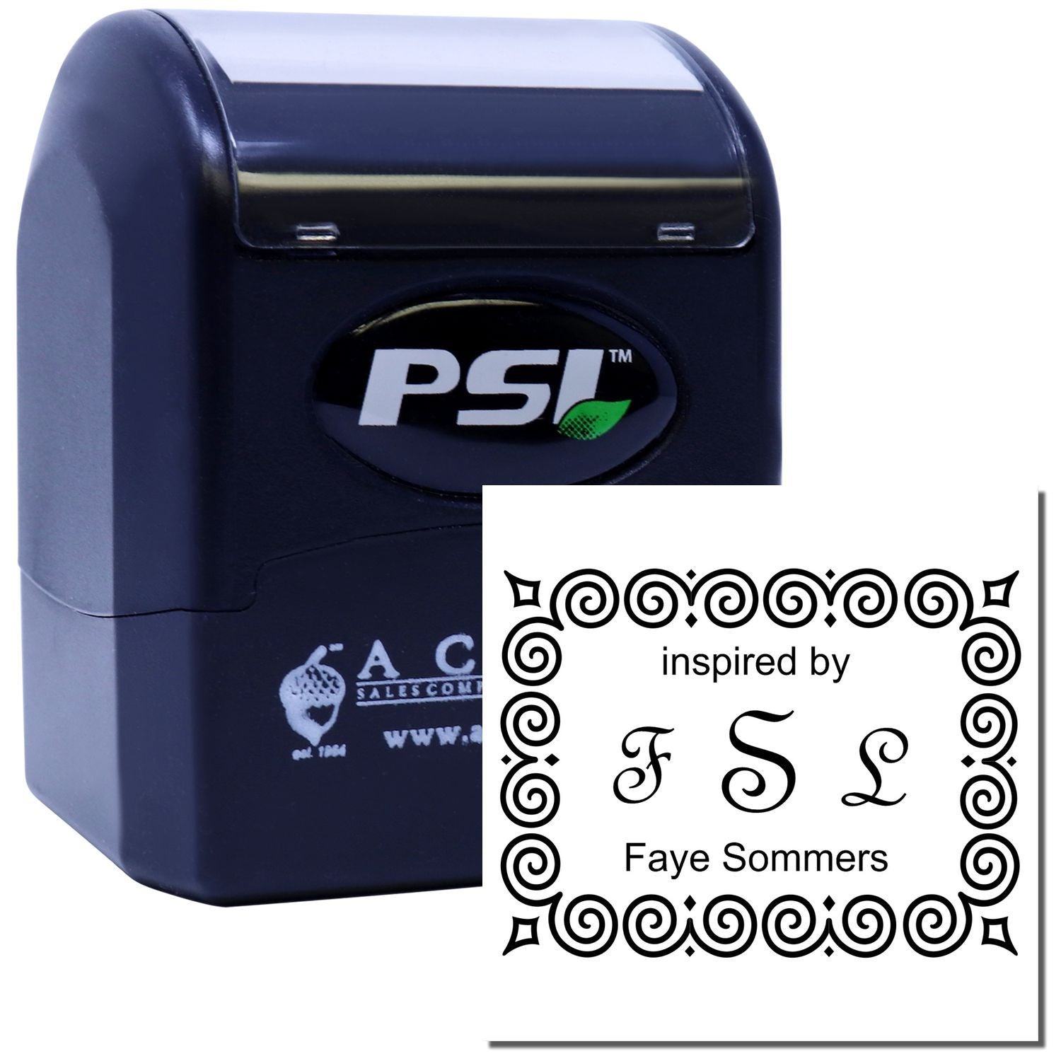 PSI self-inking rubber stamp with decorative monogram design, inspired by Faye Sommers, for custom name stamping