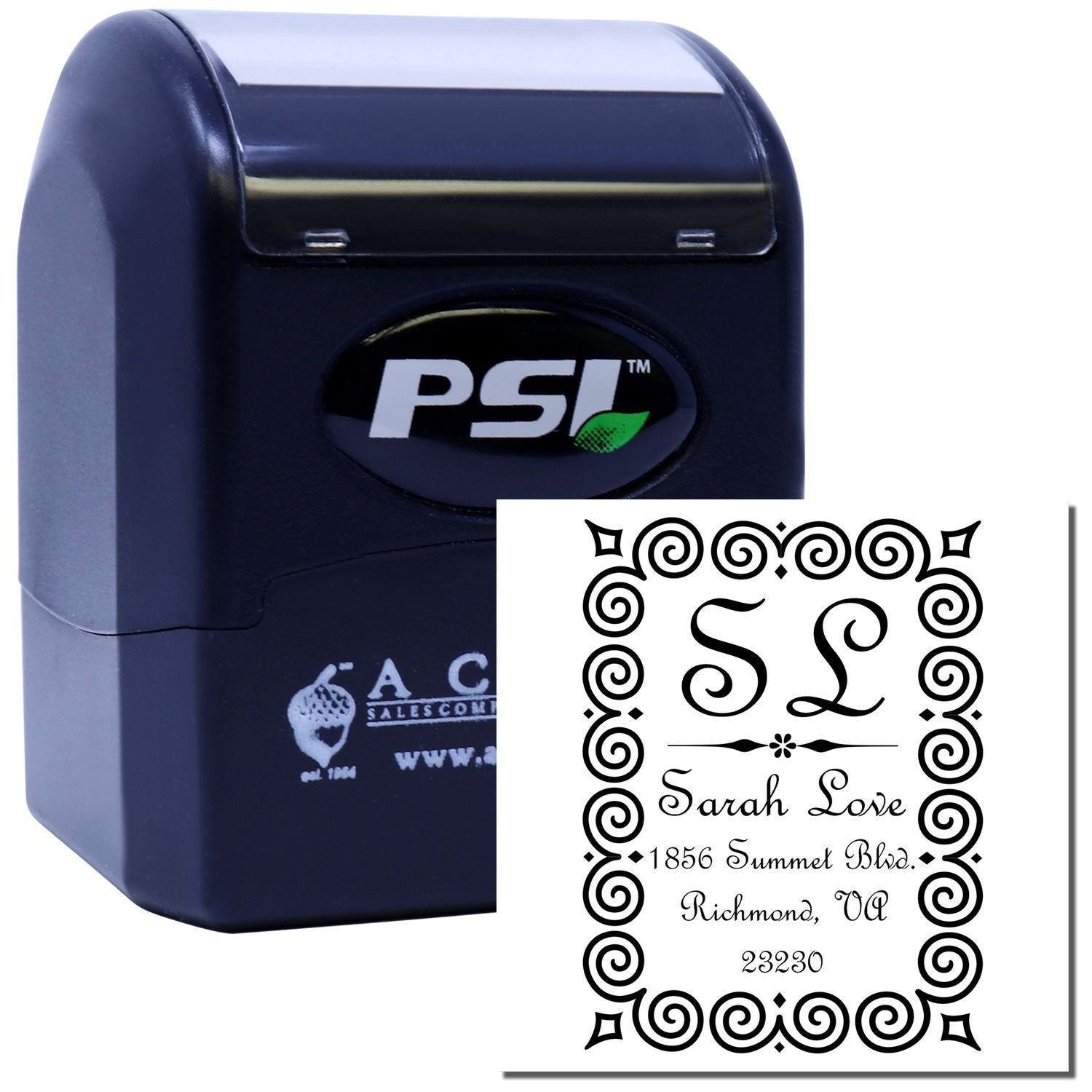 Self-inking PSI custom address rubber stamp with decorative monogram design for personalized return addresses