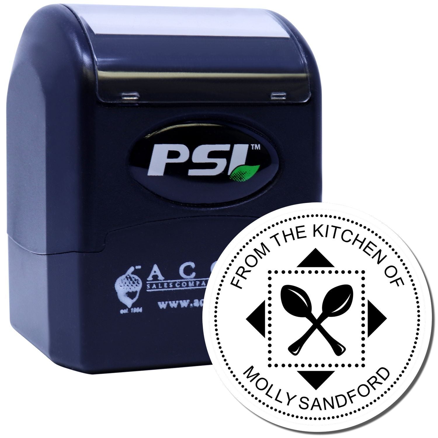 Custom self-inking rubber stamp with From the Kitchen of Molly Sandford design for recipe cards, packaging, and kitchen branding.